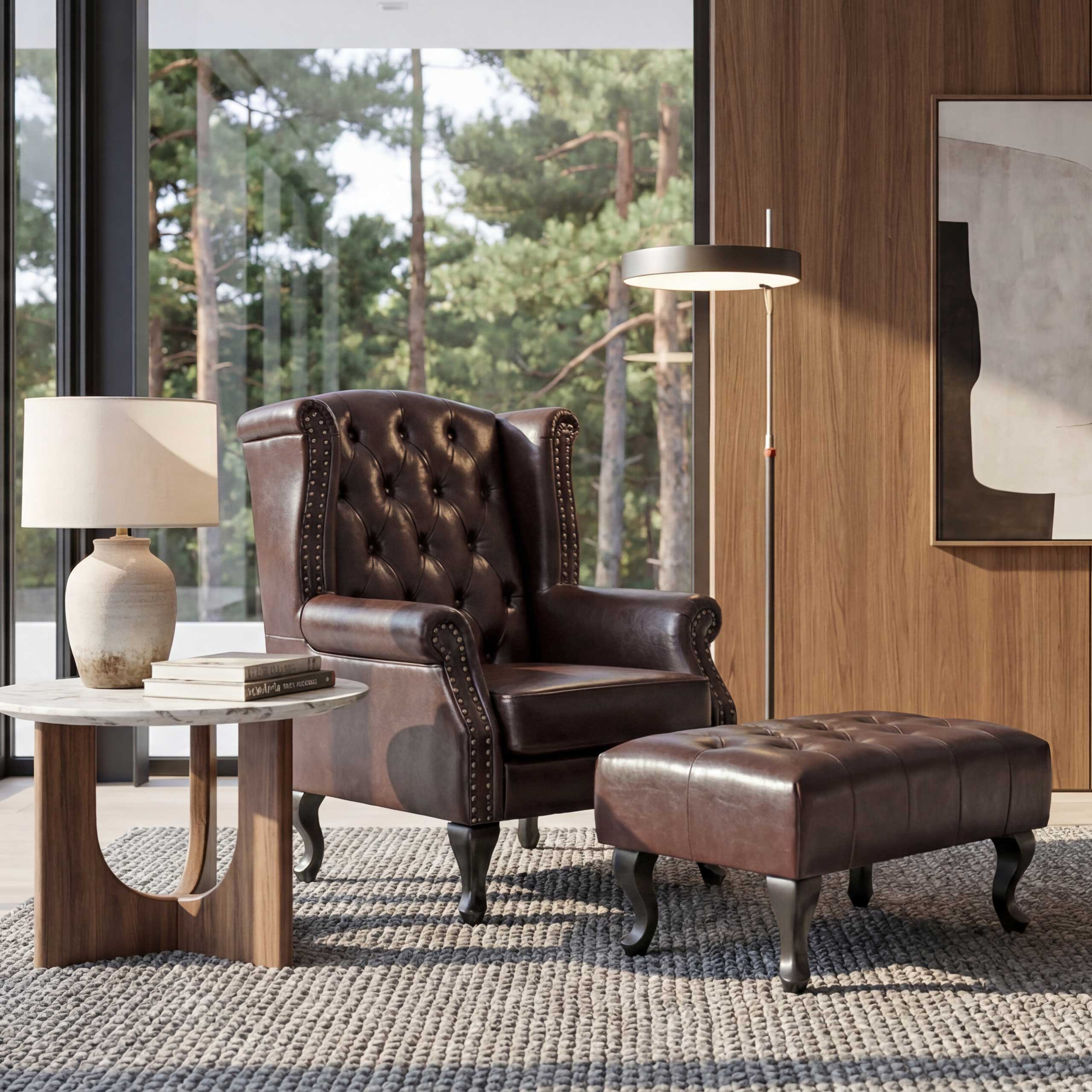 Sessel Relaxsessel Clubsessel Ohrensessel Chesterfield Oxford, Kunstleder ~ antik-braun mit Ottomane 