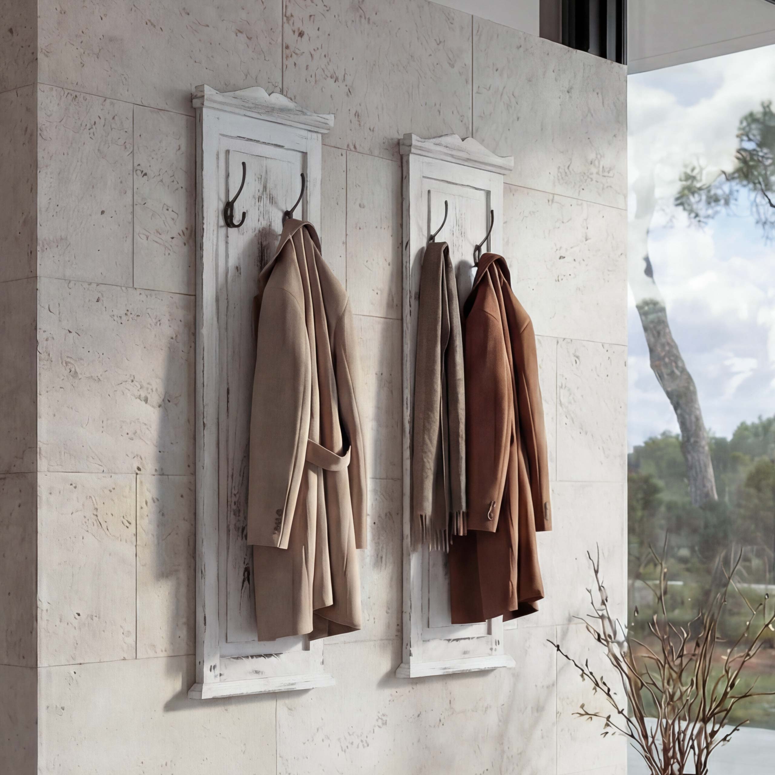 2er-Set Garderobe H33, Wandgarderobe Garderobenpaneel, Wandhaken Holz 109x28x4cm ~ wei&szlig; shabby 