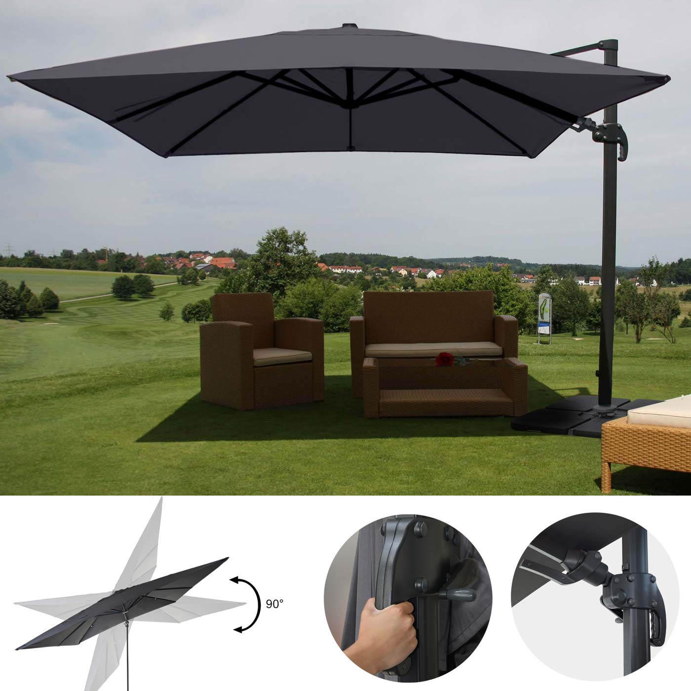 Gastronomie-Ampelschirm MCW-A96, 3x3m (&Oslash;4,24m) schwenkbar, Polyester Alu/Stahl 23kg ~ anthrazit mit St&auml;nder 