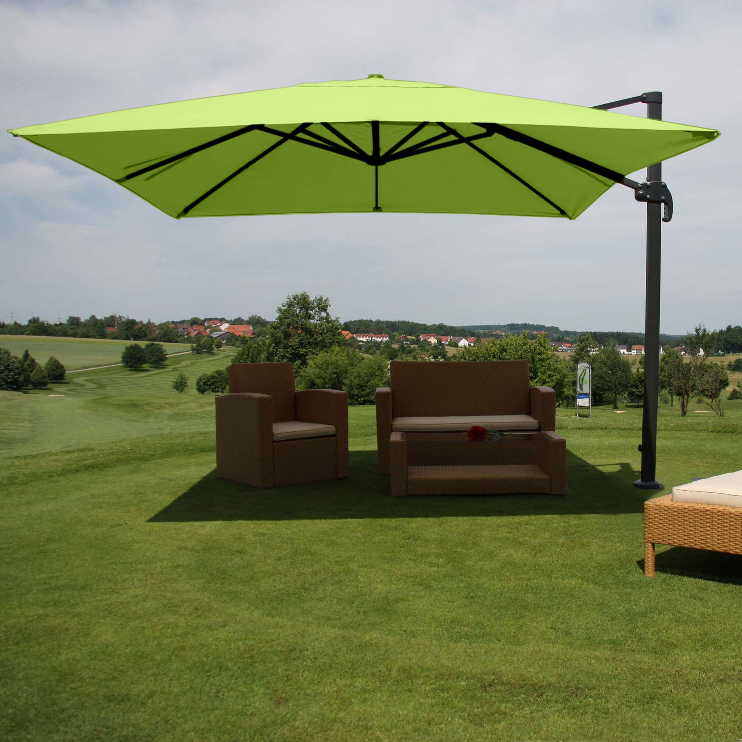 Gastronomie-Ampelschirm MCW-A96, 3x3m (&Oslash;4,24m) Polyester Alu/Stahl 23kg ~ gr&uuml;n ohne St&auml;nder 