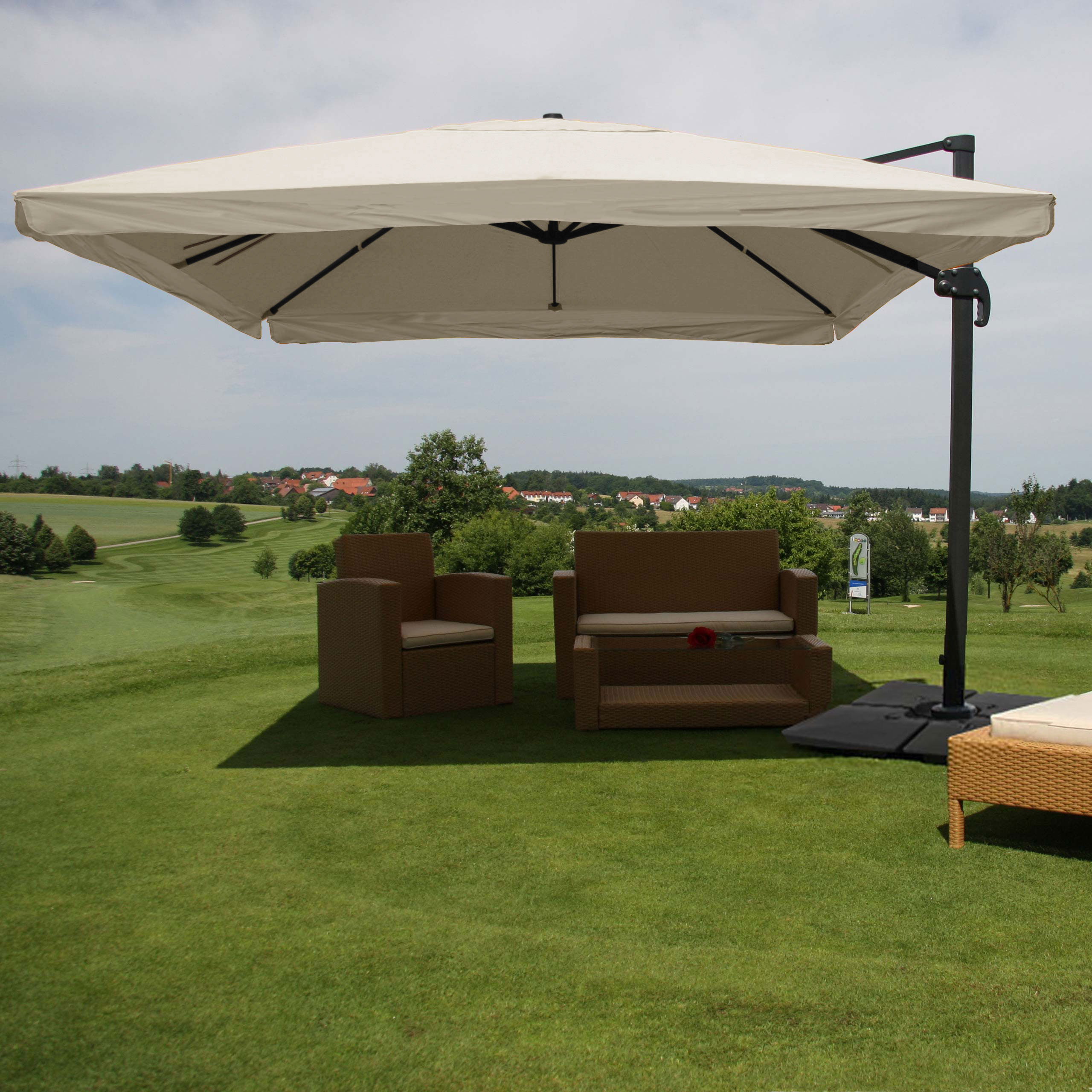 Gastronomie-Ampelschirm MCW-A96, 3x3m (&Oslash;4,24m) Polyester Alu/Stahl 23kg ~ Flap, creme-grau mit St&auml;nder, drehbar 