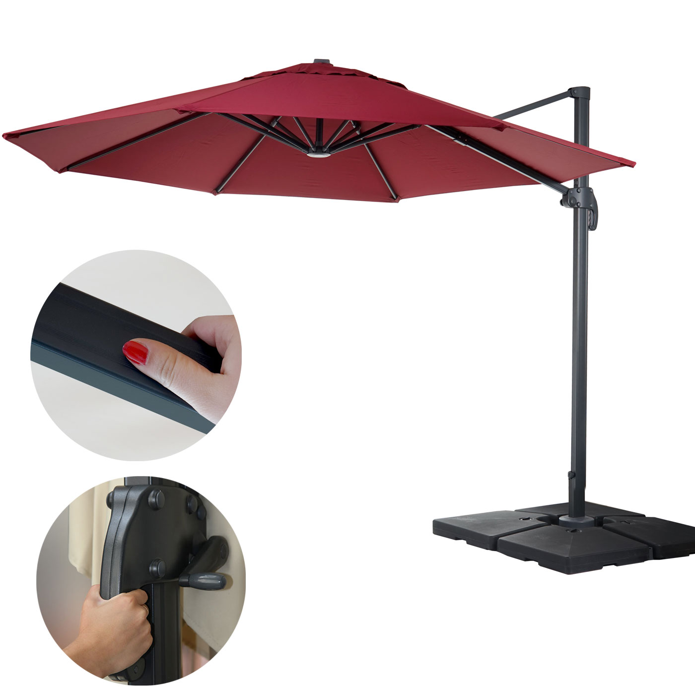 Gastronomie-Ampelschirm MCW-A96, Sonnenschirm, rund &Oslash; 4m Polyester Alu/Stahl 27kg ~ bordeaux mit St&auml;nder, drehbar 