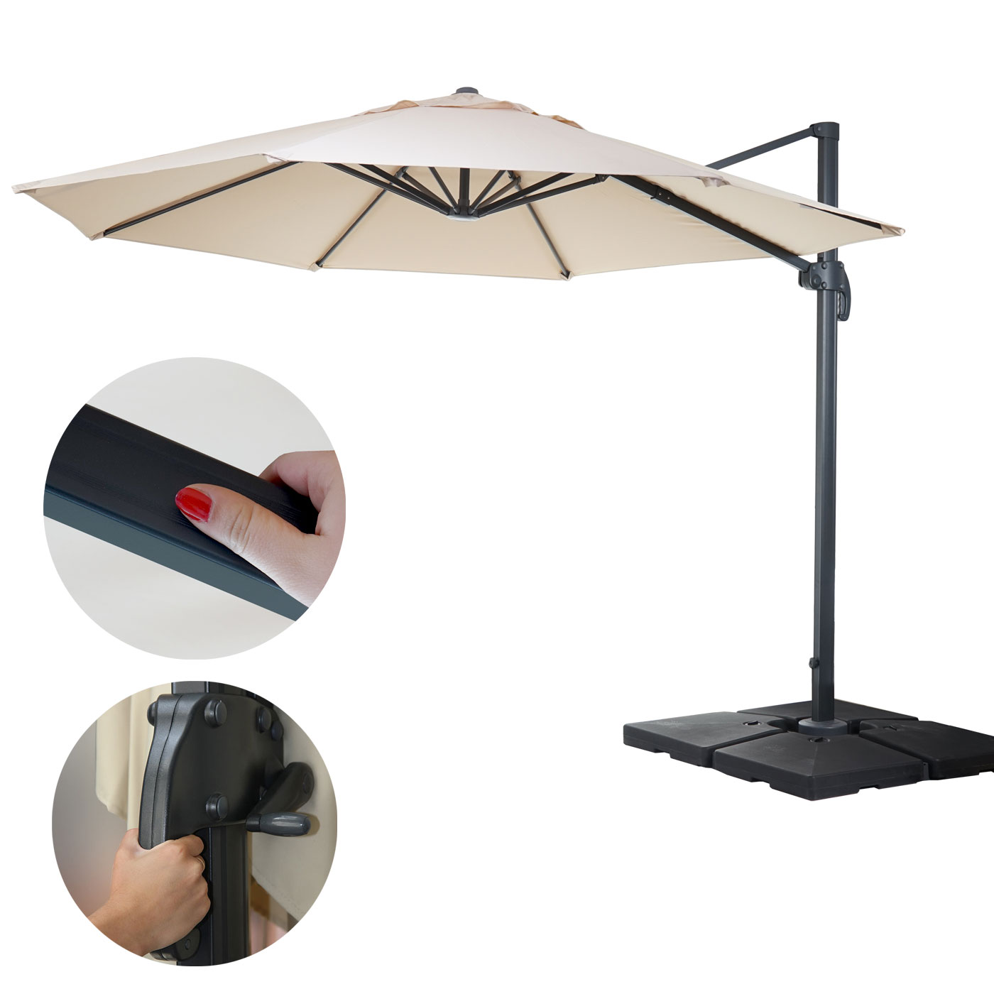 Gastronomie-Ampelschirm MCW-A96, Sonnenschirm, rund &Oslash; 4m Polyester Alu/Stahl 27kg ~ creme mit St&auml;nder 