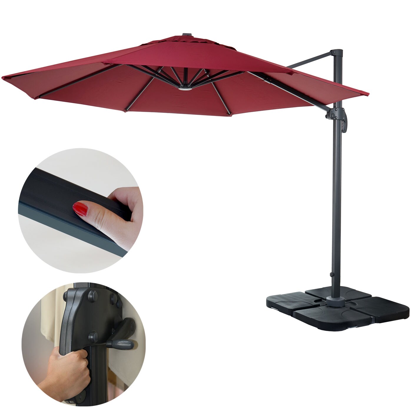 Gastronomie-Ampelschirm MCW-A96, Sonnenschirm, rund &Oslash; 3m Polyester Alu/Stahl 23kg ~ bordeaux mit St&auml;nder, drehbar 