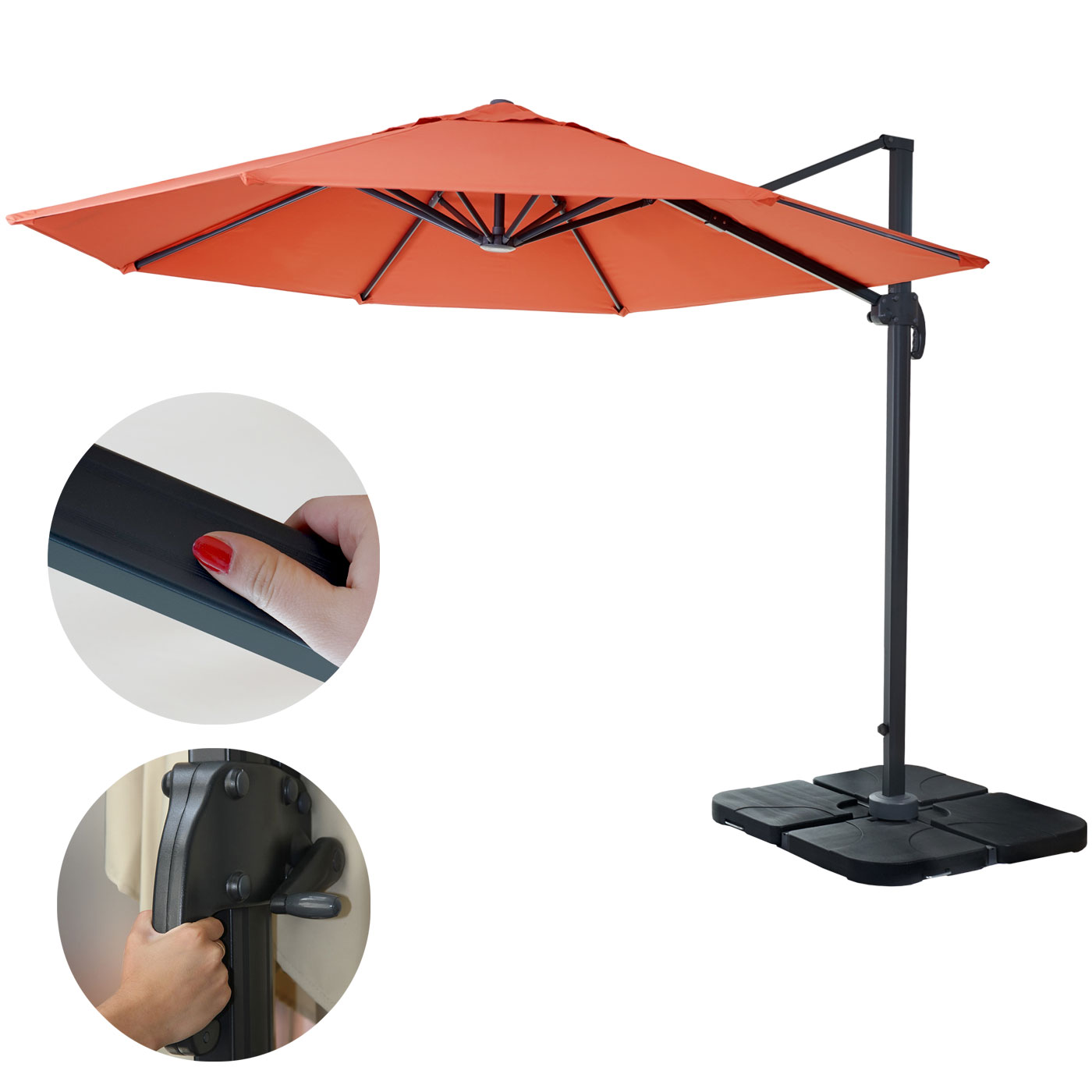 Gastronomie-Ampelschirm MCW-A96, Sonnenschirm, rund &Oslash; 3m Polyester Alu/Stahl 23kg ~ terracotta mit St&auml;nder, drehbar 