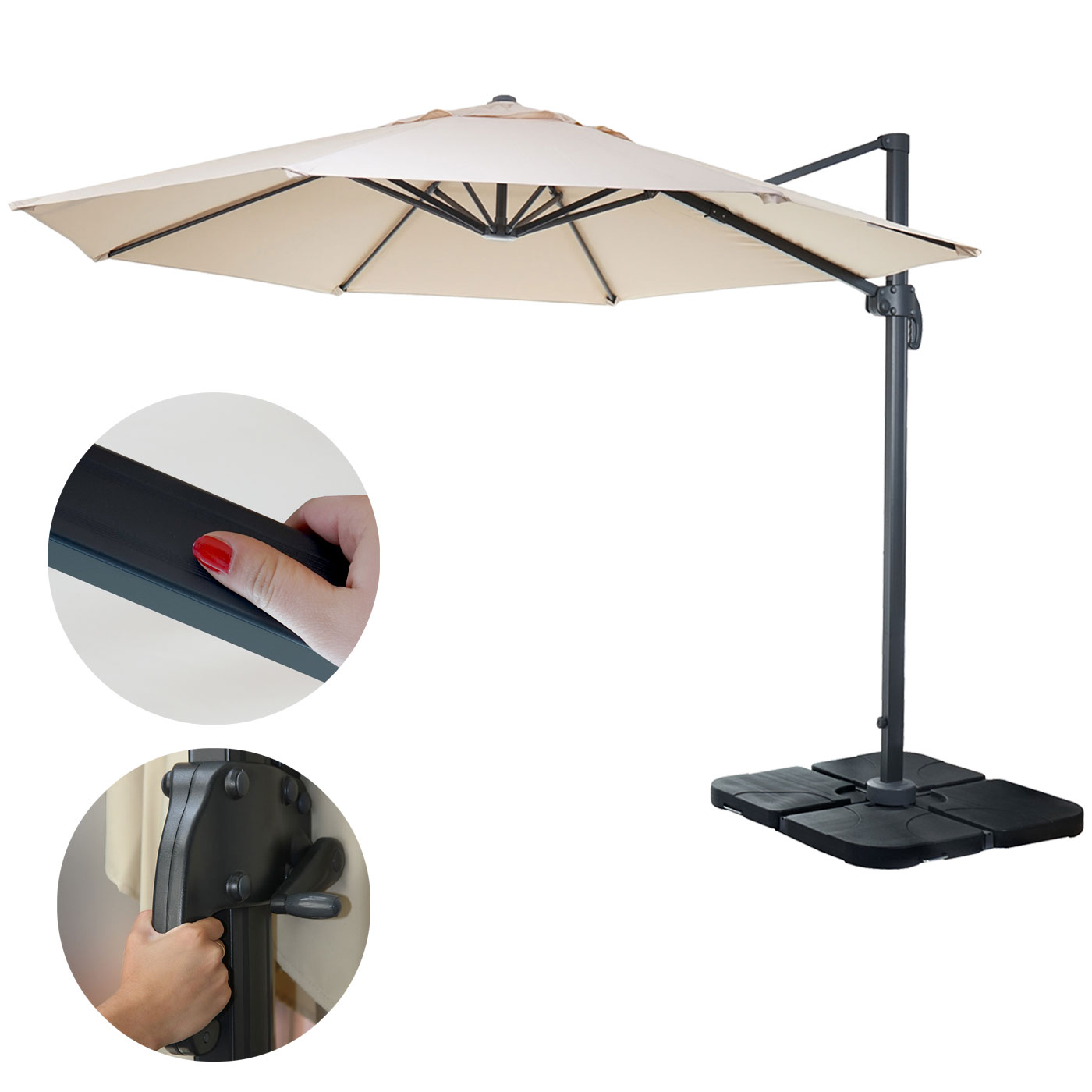 Gastronomie-Ampelschirm MCW-A96, Sonnenschirm, rund &Oslash; 3m Polyester Alu/Stahl 23kg ~ creme mit St&auml;nder 