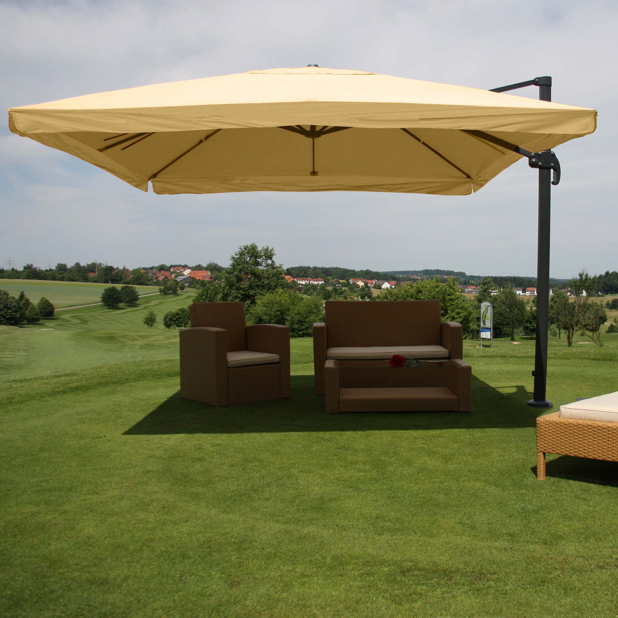 Gastronomie-Ampelschirm MCW-A96, Sonnenschirm, 3x4m (&Oslash;5m) Polyester/Alu 26kg ~ Flap, creme ohne St&auml;nder 