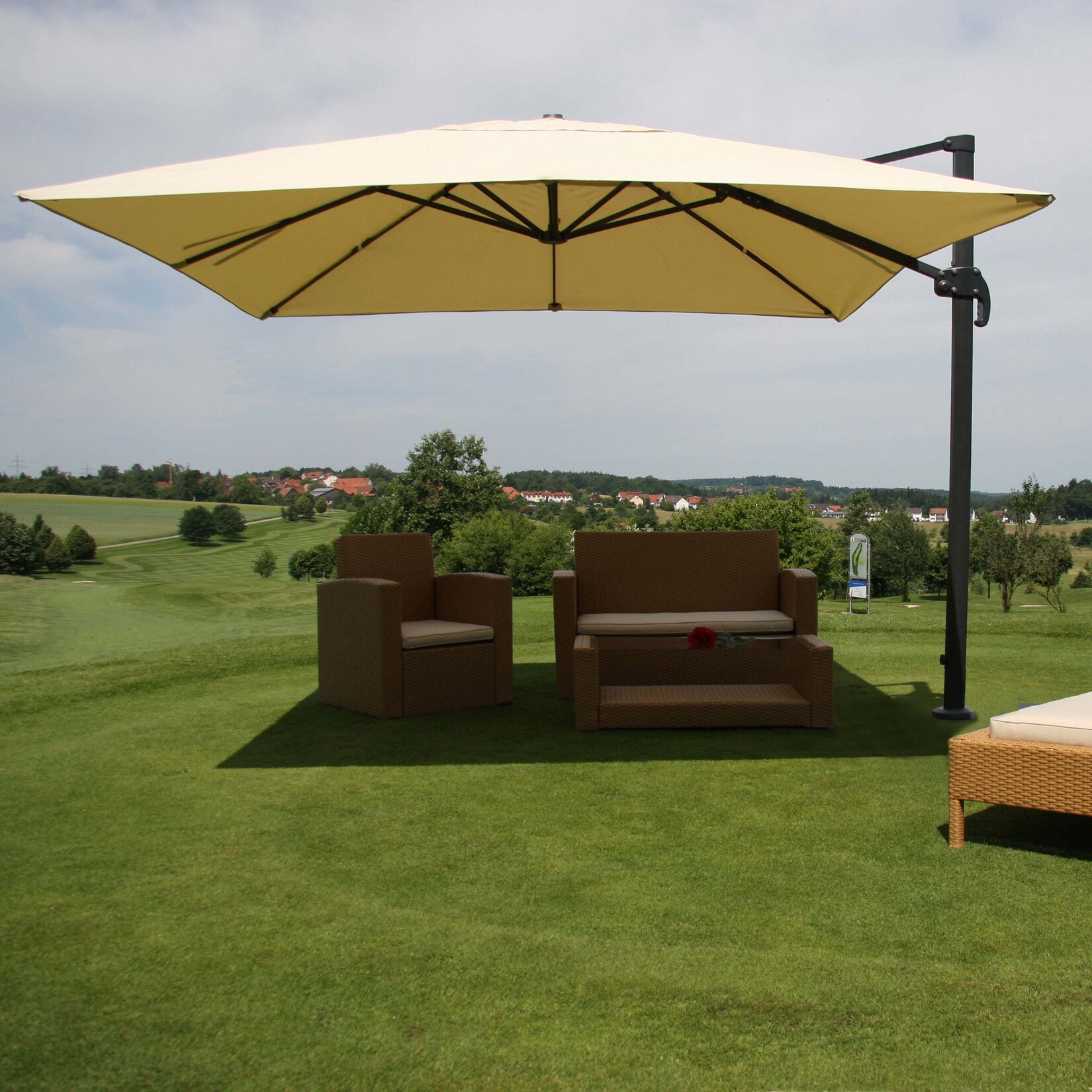 Gastronomie-Ampelschirm MCW-A96, Sonnenschirm, 3x4m (Ø5m) Polyester/Alu 26kg ~ creme ohne Ständer, drehbar
