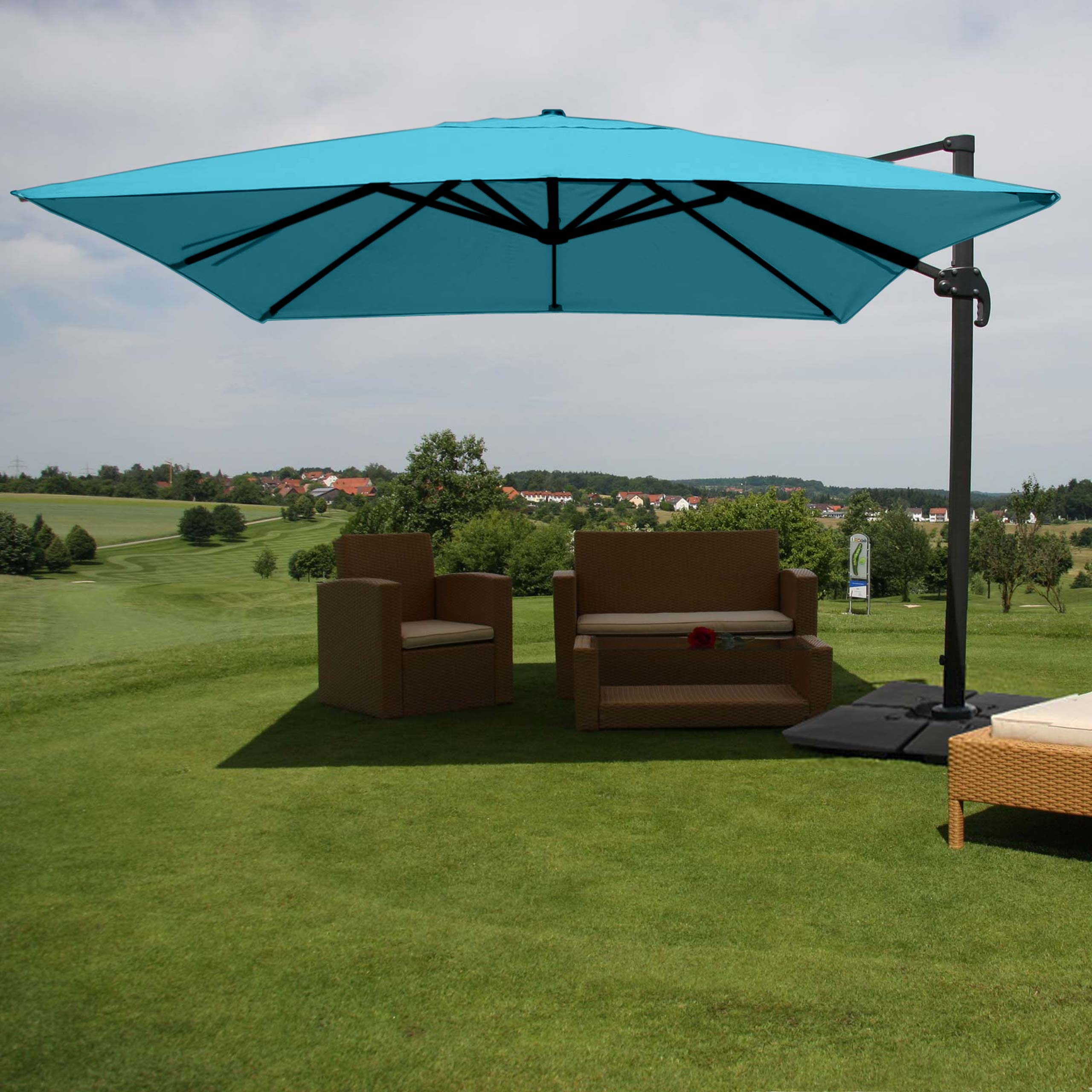 Gastronomie-Ampelschirm MCW-A96, Sonnenschirm, 3x4m (&Oslash;5m) Polyester/Alu 26kg ~ t&uuml;rkis mit St&auml;nder 