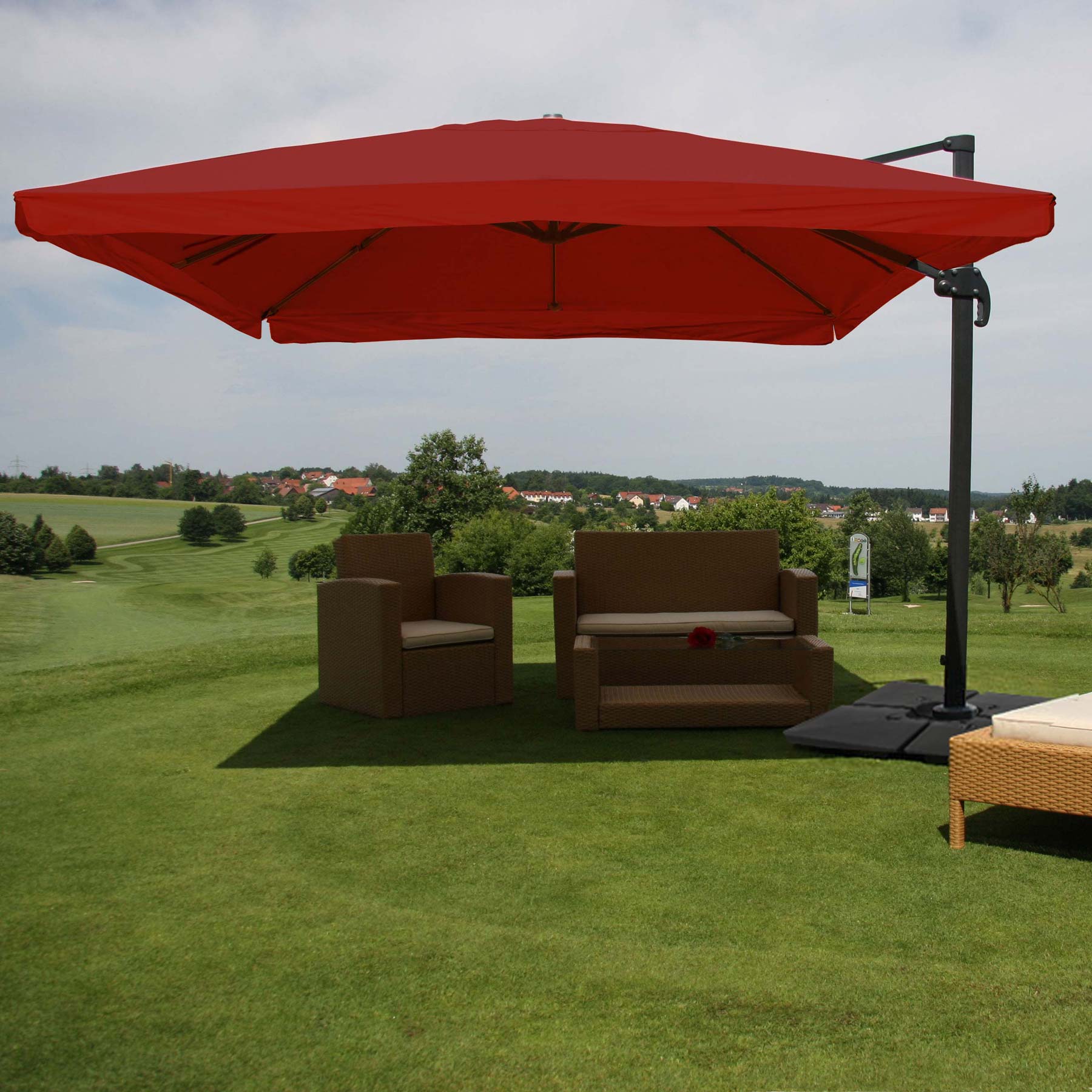 Gastronomie-Ampelschirm MCW-A96, 3x4m (&Oslash;5m) Polyester Alu/Stahl 26kg ~ Flap, bordeaux mit St&auml;nder, drehbar 