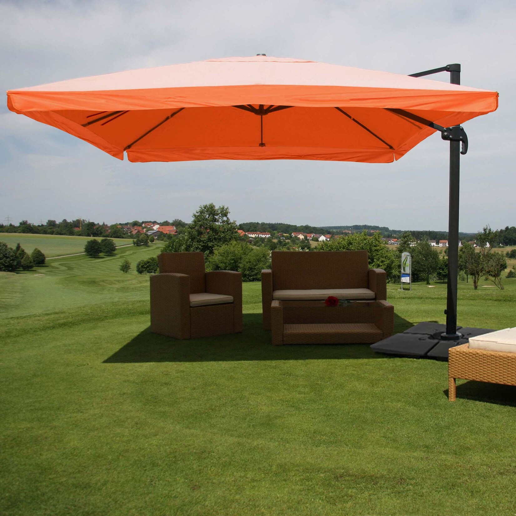 Gastronomie-Ampelschirm MCW-A96, 3,5x3,5m (Ø4,95m) Polyester/Alu 25kg ~ Flap, terracotta mit Ständer, drehbar