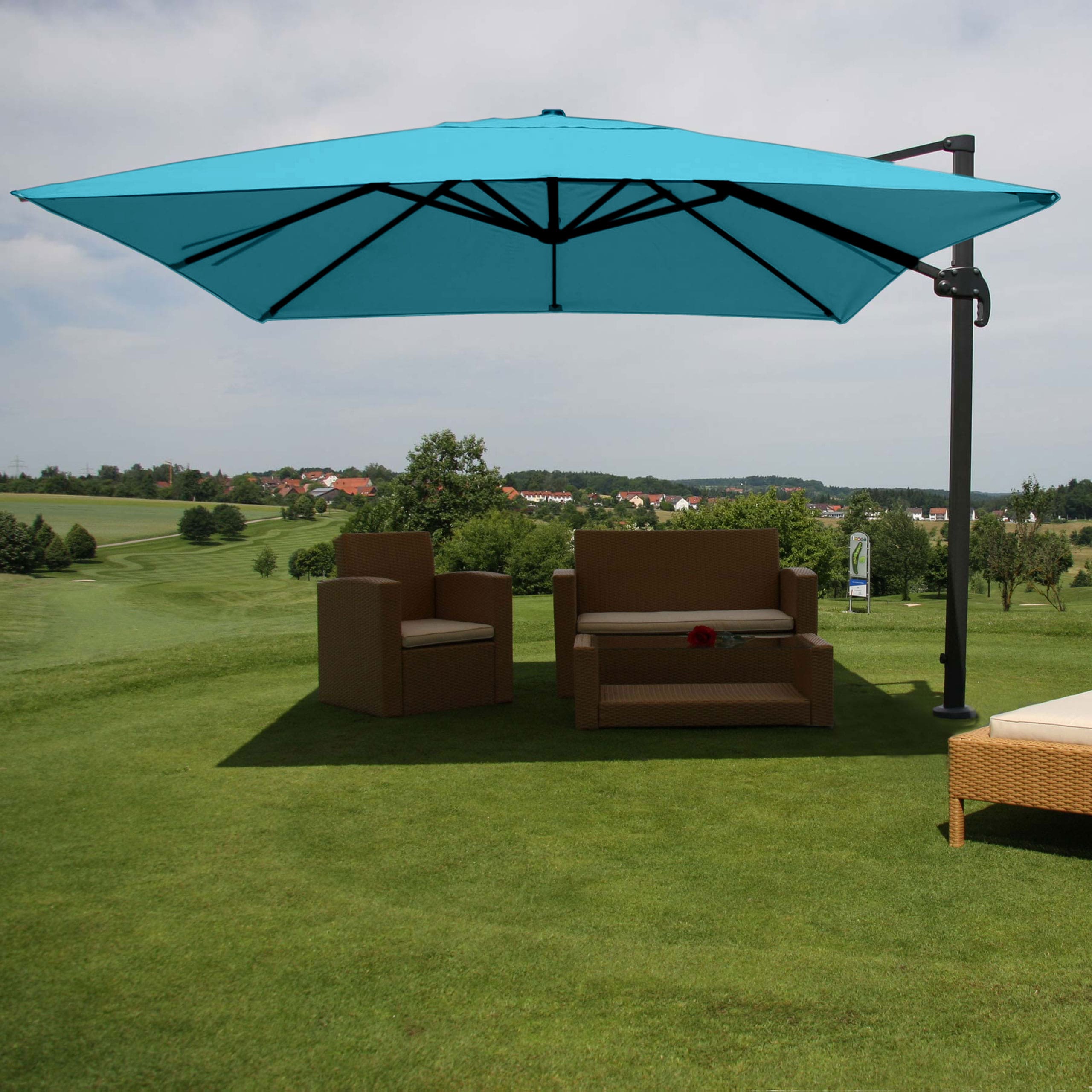 Gastronomie-Ampelschirm MCW-A96, 3,5x3,5m (&Oslash;4,95m) Polyester/Alu 25kg ~ t&uuml;rkis ohne St&auml;nder, drehbar 
