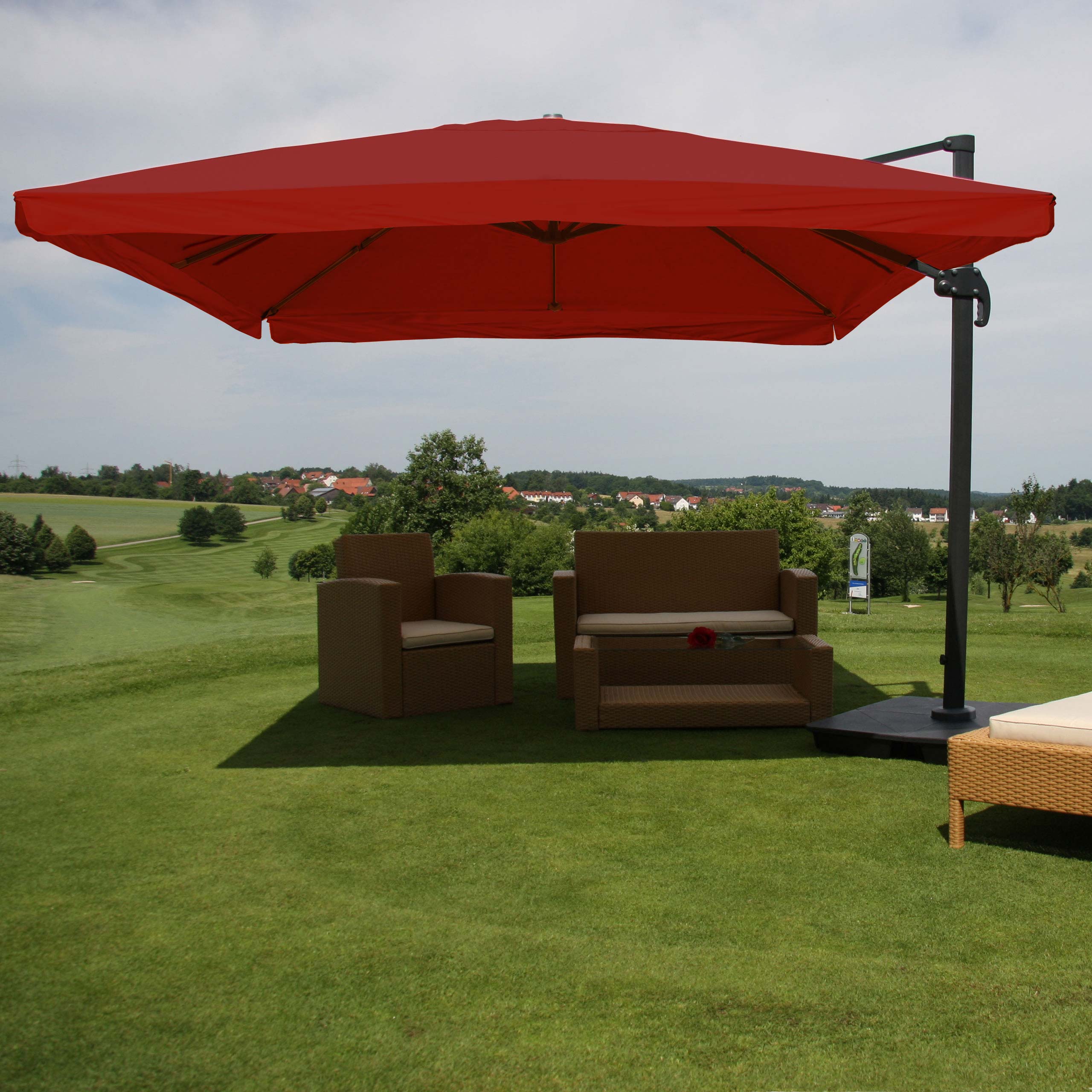 Ampelschirm MCW-A96, Sonnenschirm Gastronomie 3x3m (&Oslash;4,24m) Polyester/Alu 23kg ~ Flap, bordeaux mit St&auml;nder, drehbar 