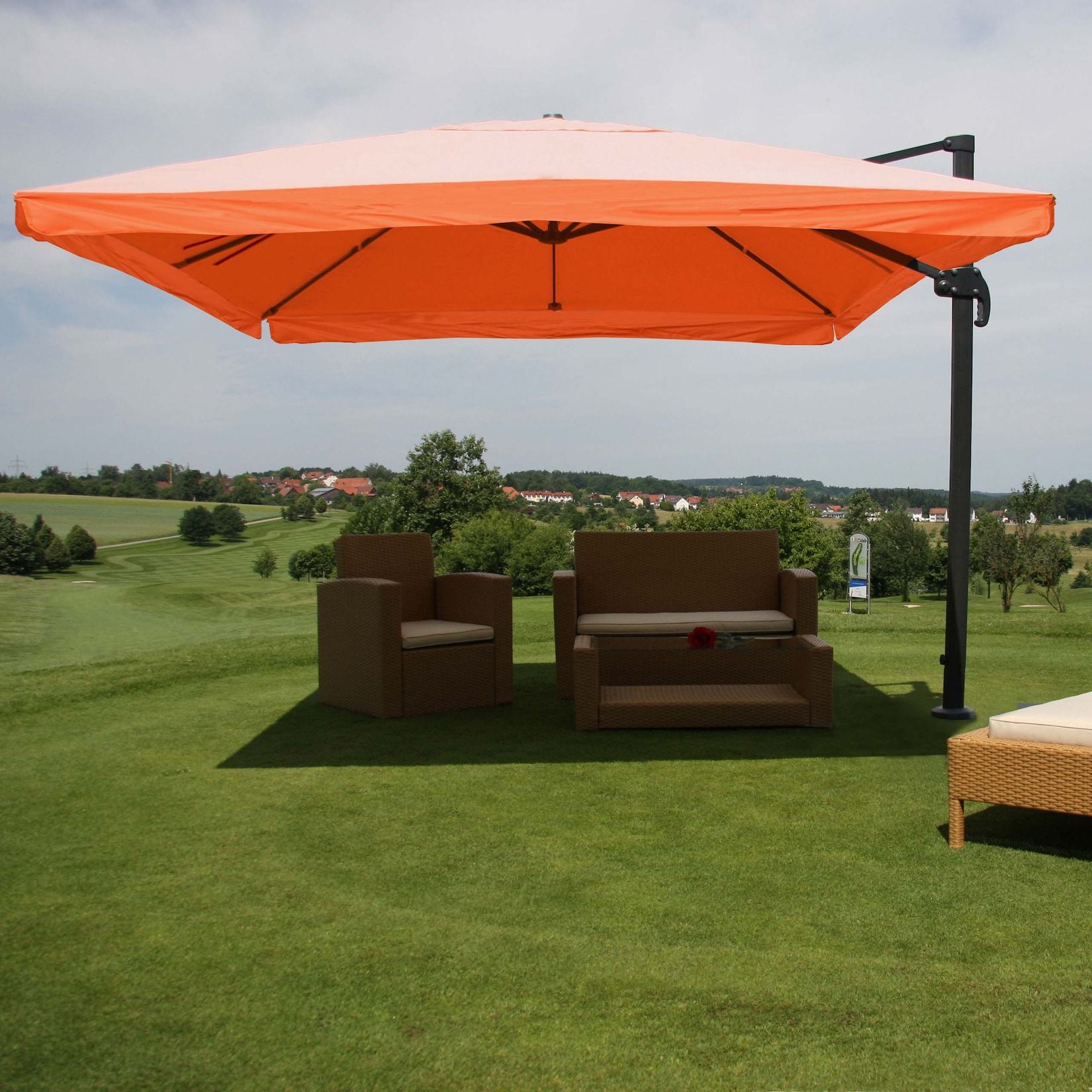 Ampelschirm MCW-A96, Gastronomie, 3x3m (Ø4,24m) Polyester Alu/Stahl 23kg ~ Flap, terracotta ohne Ständer