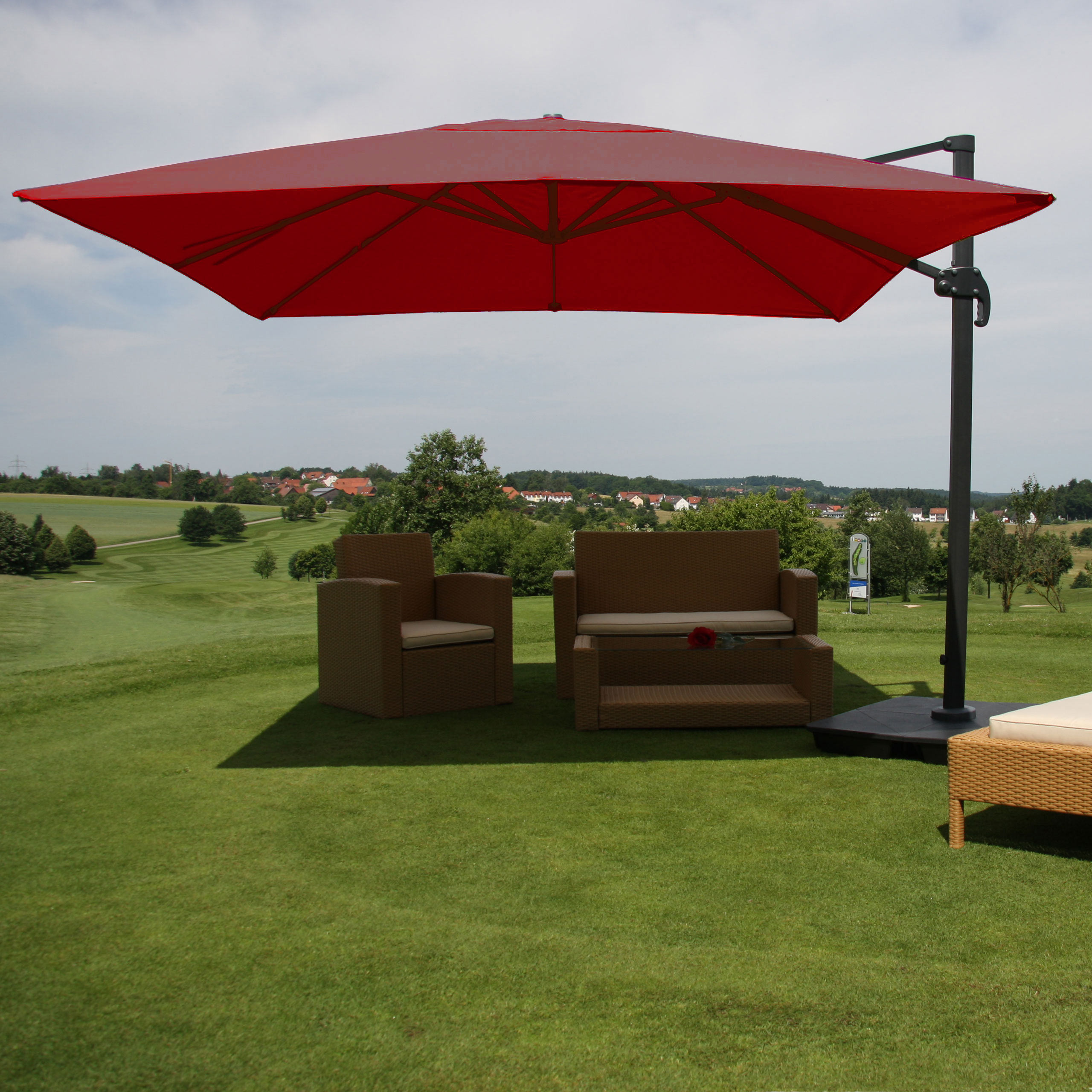 Ampelschirm MCW-A96, Gastronomie Sonnenschirm, 3x3m (&Oslash;4,24m) Polyester/Alu 23kg ~ bordeaux mit St&auml;nder 