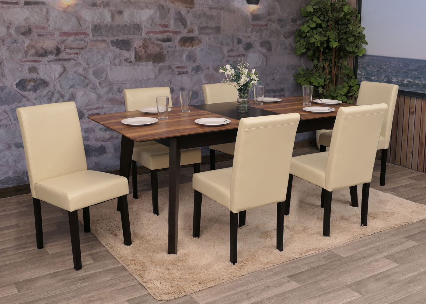 6er-Set Esszimmerstuhl Stuhl K&uuml;chenstuhl Littau ~ Kunstleder, creme, dunkle Beine 