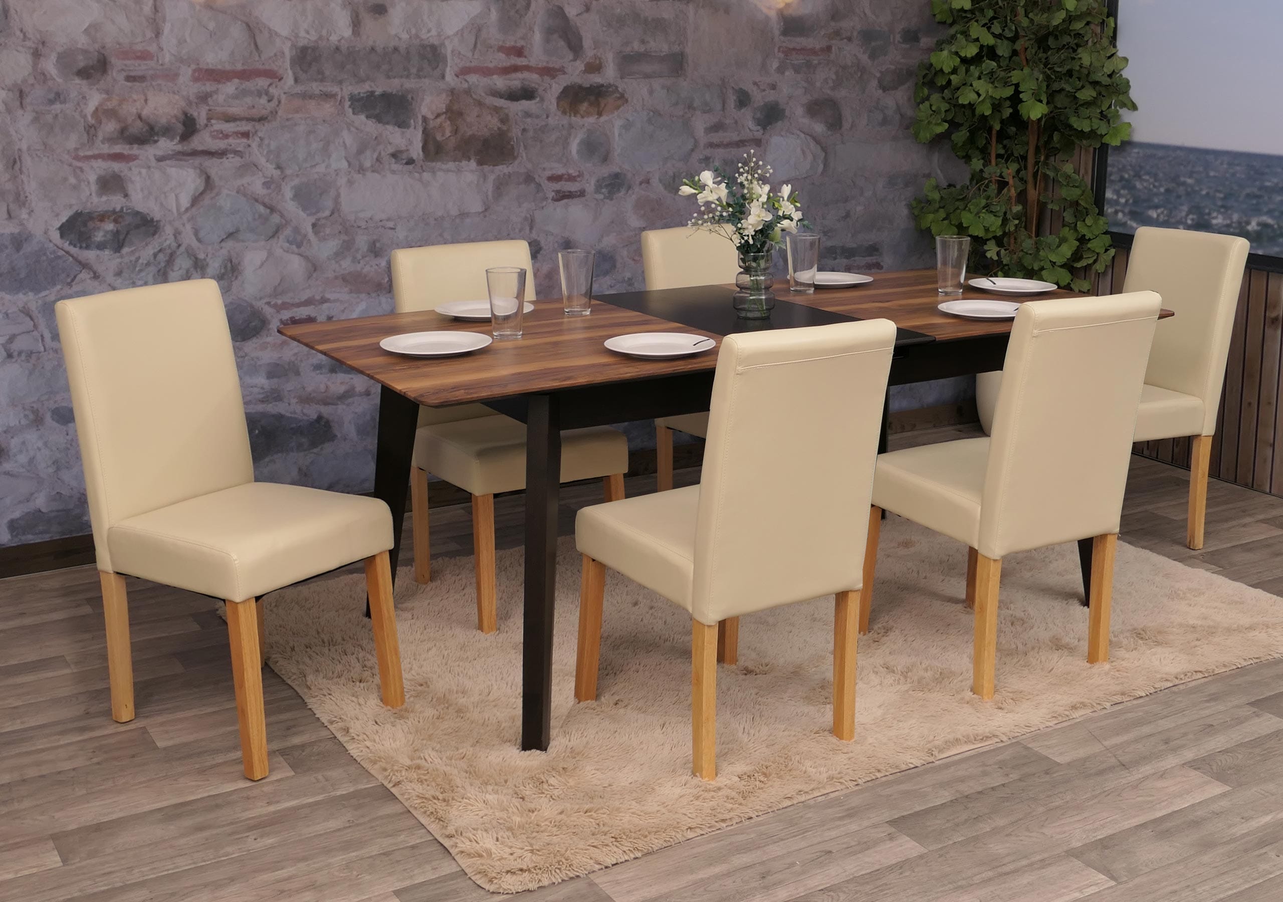 6er-Set Esszimmerstuhl Stuhl K&uuml;chenstuhl Littau ~ Kunstleder, creme, helle Beine 