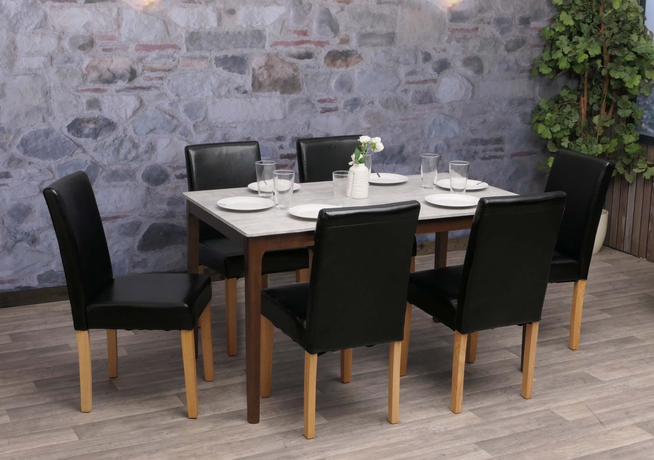 6er-Set Esszimmerstuhl Stuhl K&uuml;chenstuhl Littau ~ Kunstleder, schwarz, helle Beine 