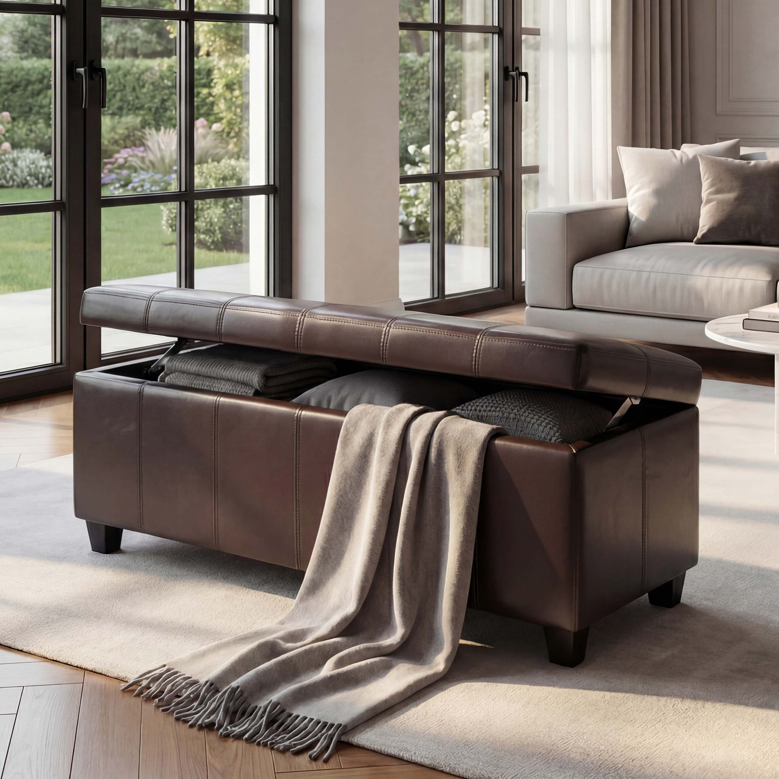 Aufbewahrungs-Truhe Sitzbank Arezzo, Leder + Kunstleder, 112x45x45cm MVG-zertifiziert ~ braun 