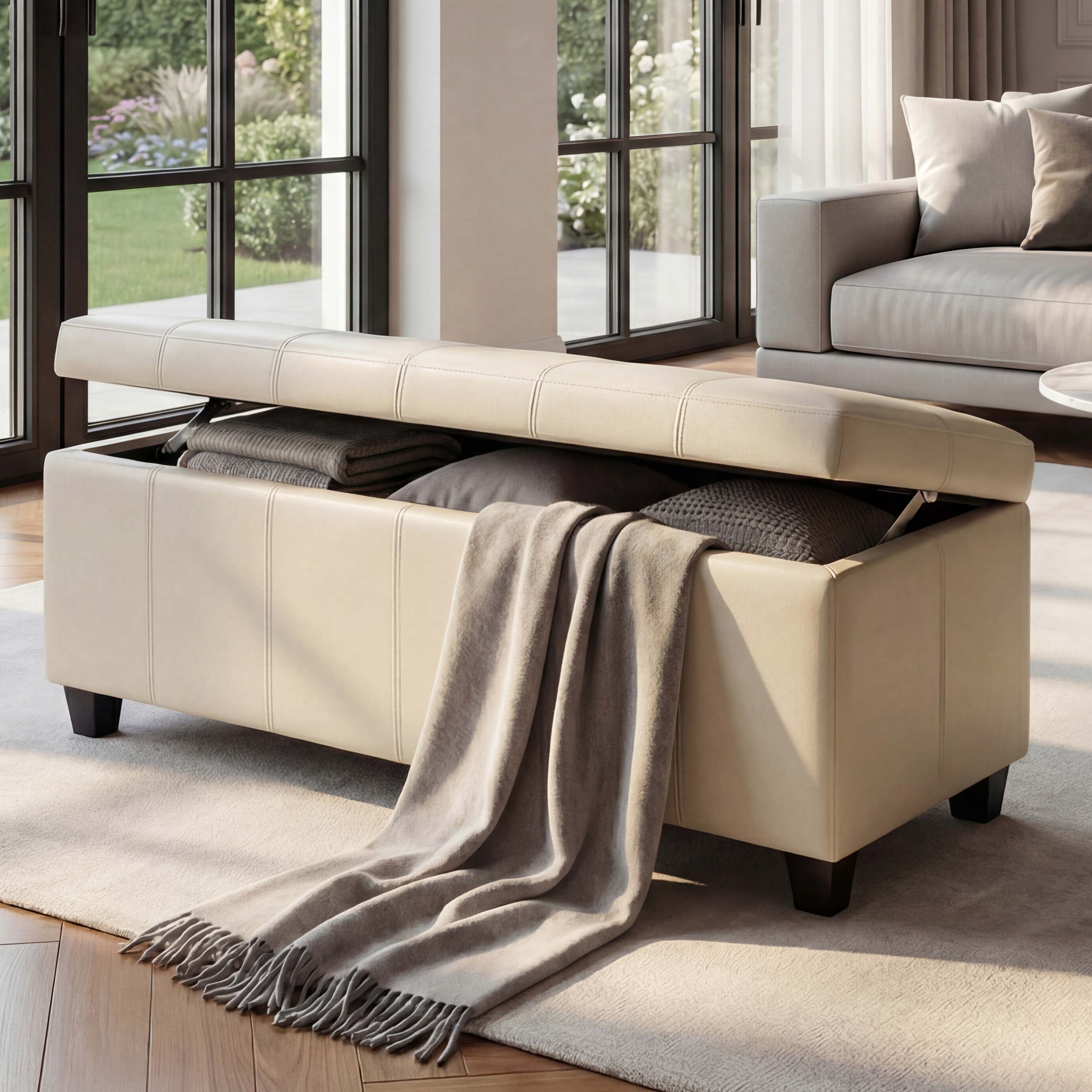 Aufbewahrungs-Truhe Sitzbank Arezzo, Leder + Kunstleder, 112x45x45cm MVG-zertifiziert ~ creme 