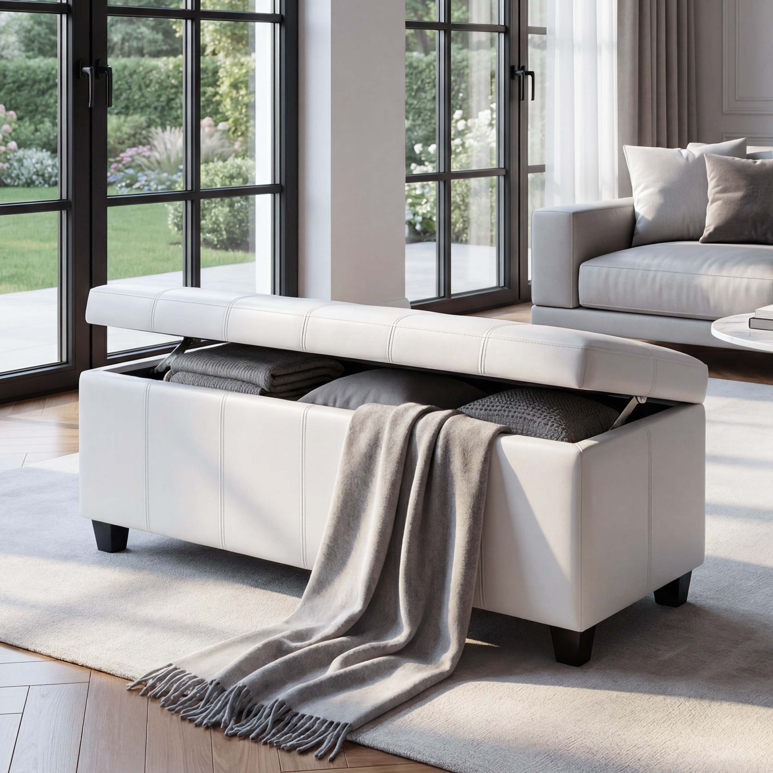 Aufbewahrungs-Truhe Sitzbank Arezzo, Leder + Kunstleder, 112x45x45cm MVG-zertifiziert ~ wei&szlig; 