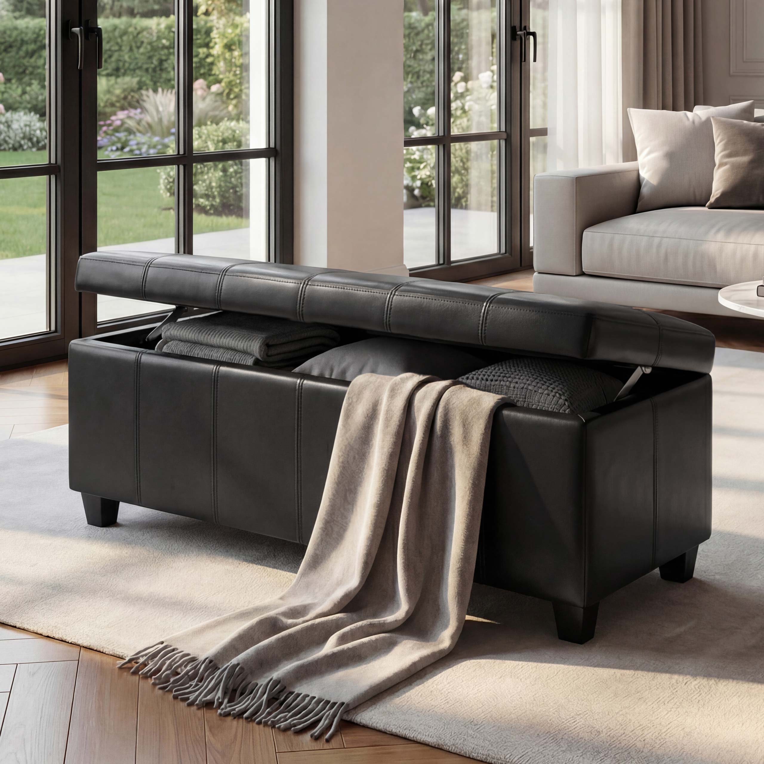 Aufbewahrungs-Truhe Sitzbank Arezzo, Leder + Kunstleder, 112x45x45cm MVG-zertifiziert ~ schwarz 