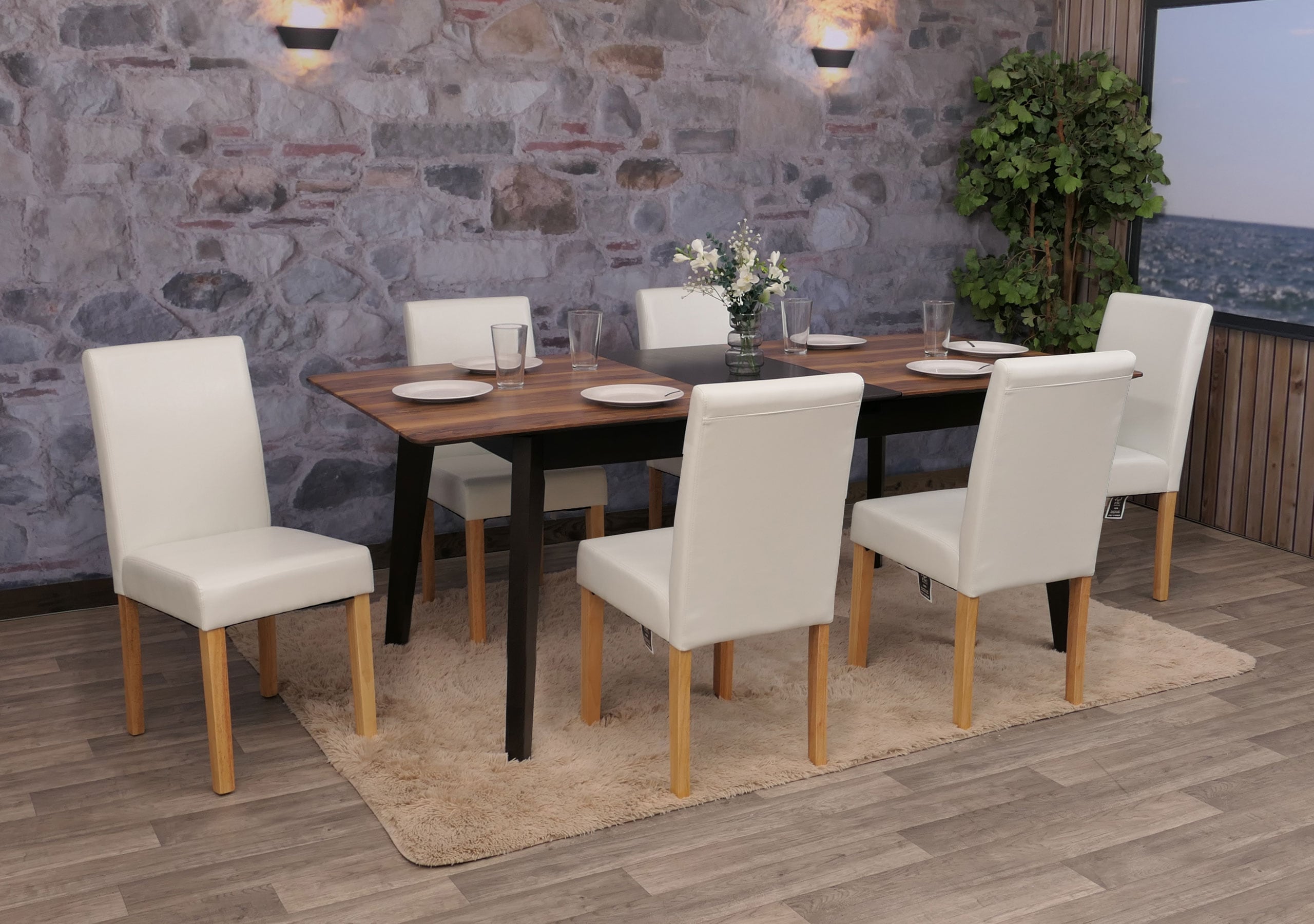 6er-Set Esszimmerstuhl Stuhl K&uuml;chenstuhl Littau ~ Leder, wei&szlig;, helle Beine 