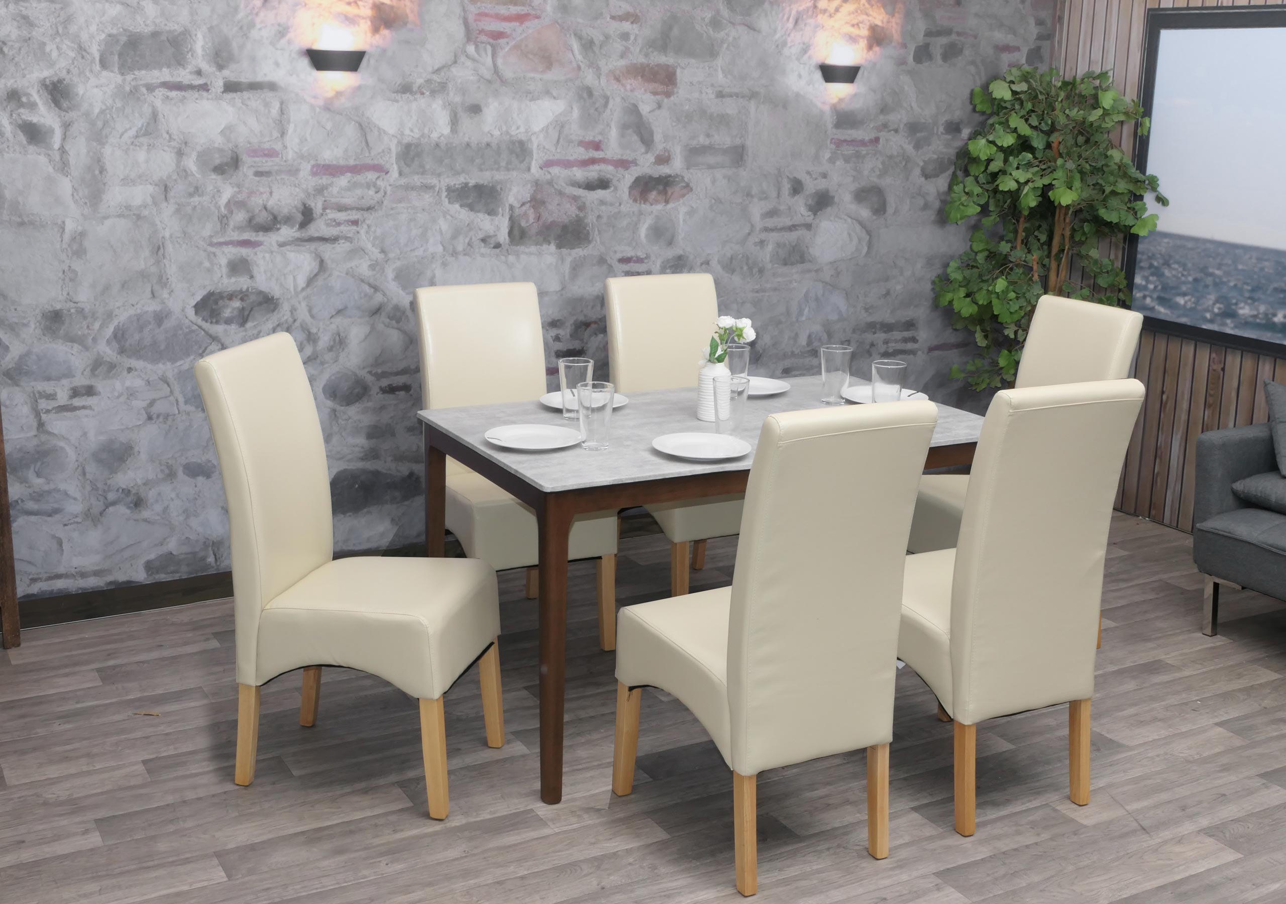 6er-Set Esszimmerstuhl K&uuml;chenstuhl Stuhl Crotone, LEDER ~ creme, helle Beine 