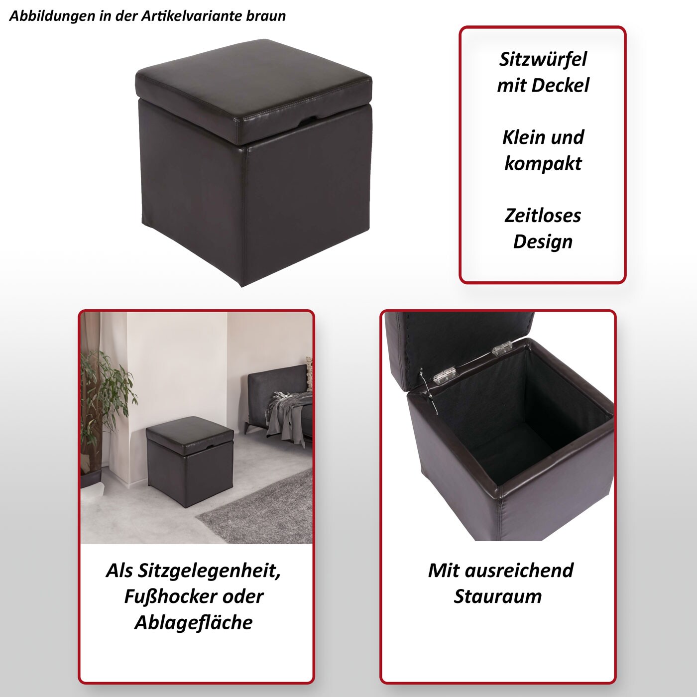 Hocker Sitzwürfel Sitzhocker Aufbewahrungsbox Carrara, mit Deckel, Leder + Kunstleder, 45x44x44cm MVG ~ braun bei Marktkauf online bestellen