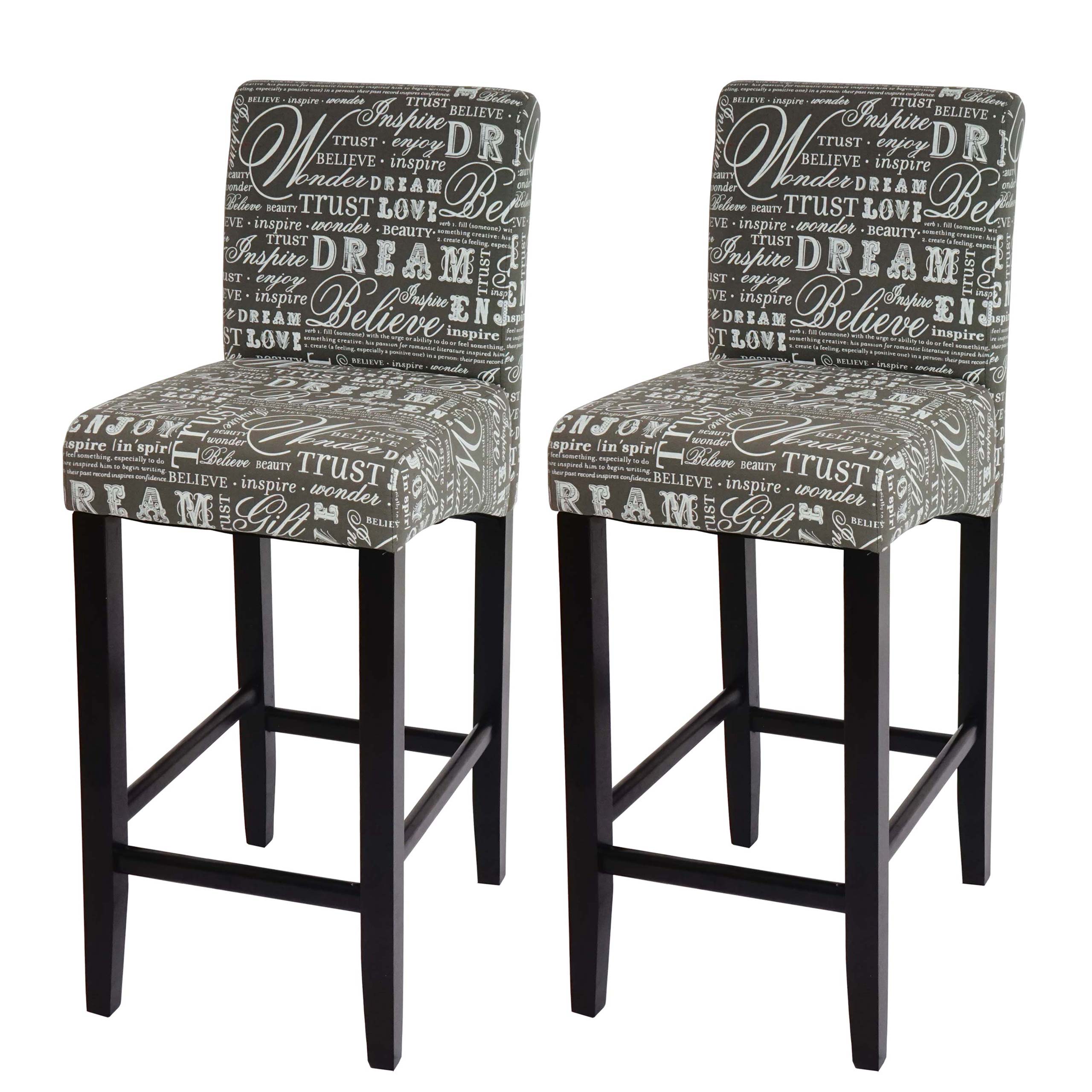 2er-Set Barhocker MCW-C33, Barstuhl Tresenhocker ~ Schriftzug, grau, dunkle Beine, Textil 