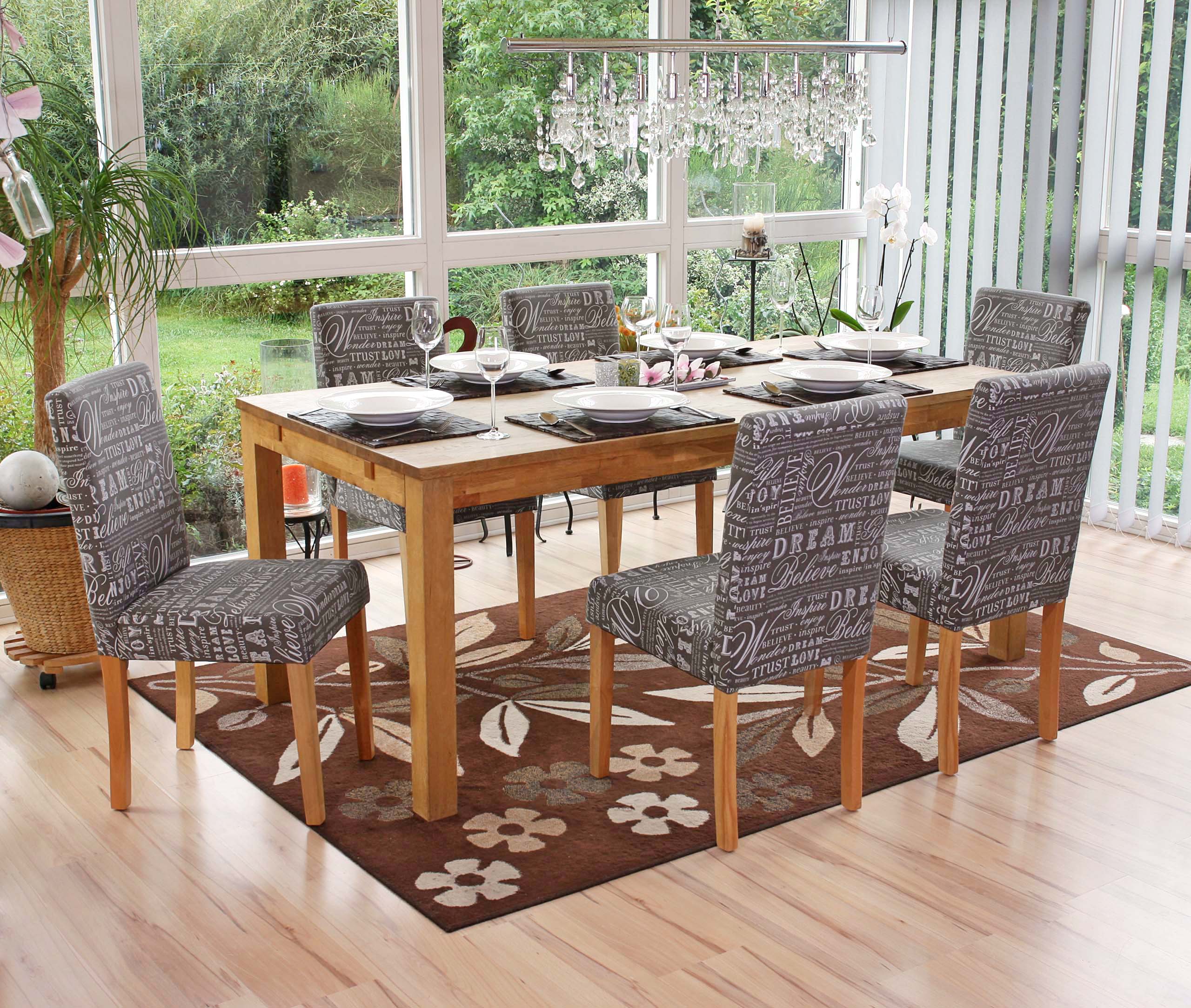 6er-Set Esszimmerstuhl Stuhl K&uuml;chenstuhl Littau ~ Textil mit Schriftzug, grau, helle Beine 