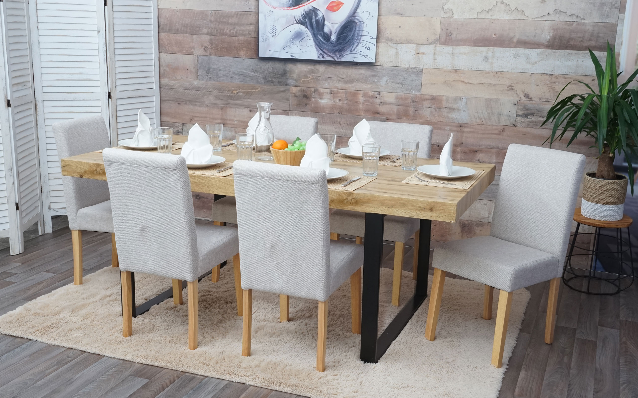 6er-Set Esszimmerstuhl Stuhl K&uuml;chenstuhl Littau ~ Textil, creme-beige, helle Beine 