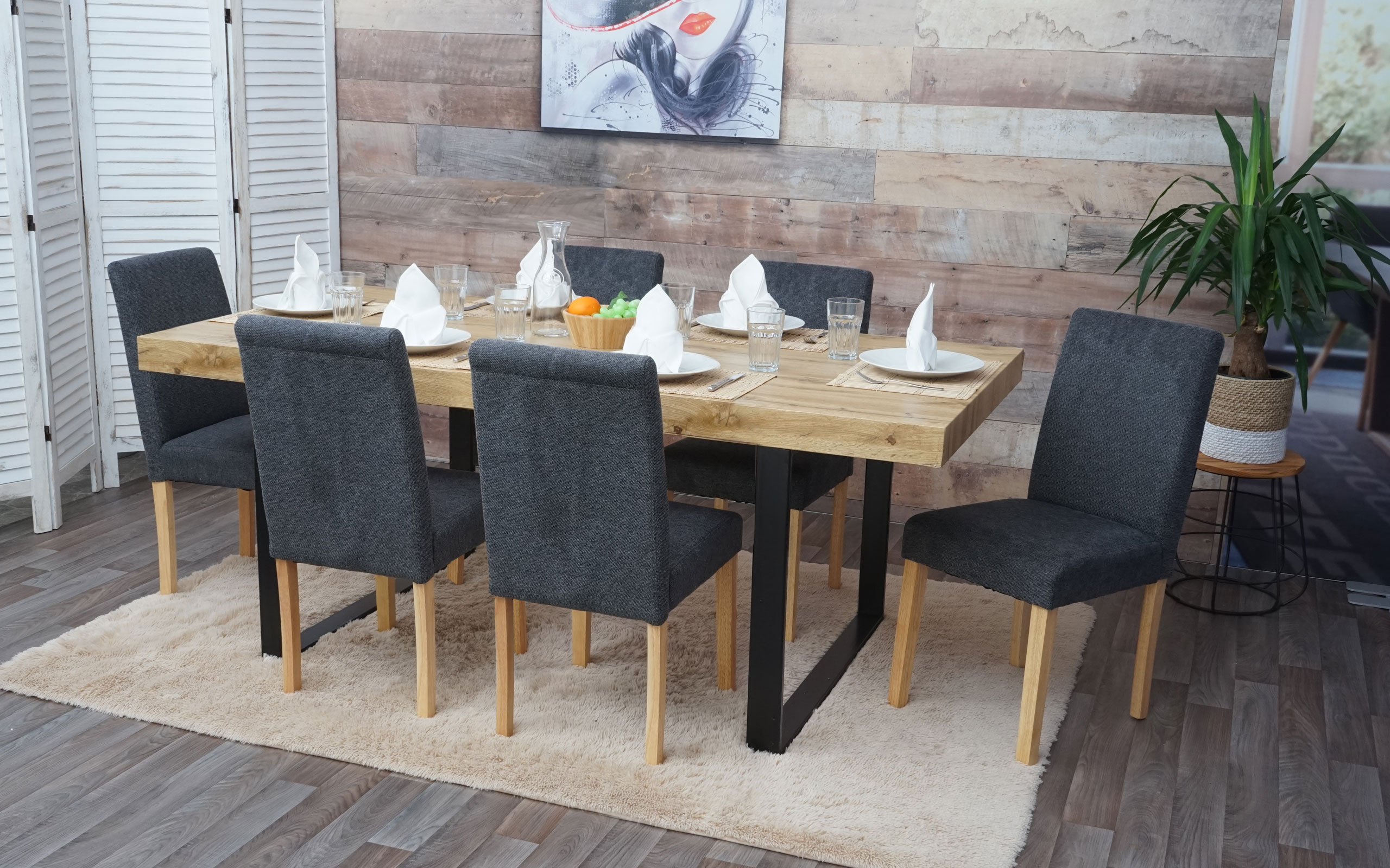 6er-Set Esszimmerstuhl Stuhl K&uuml;chenstuhl Littau ~ Textil, anthrazitgrau, helle Beine 