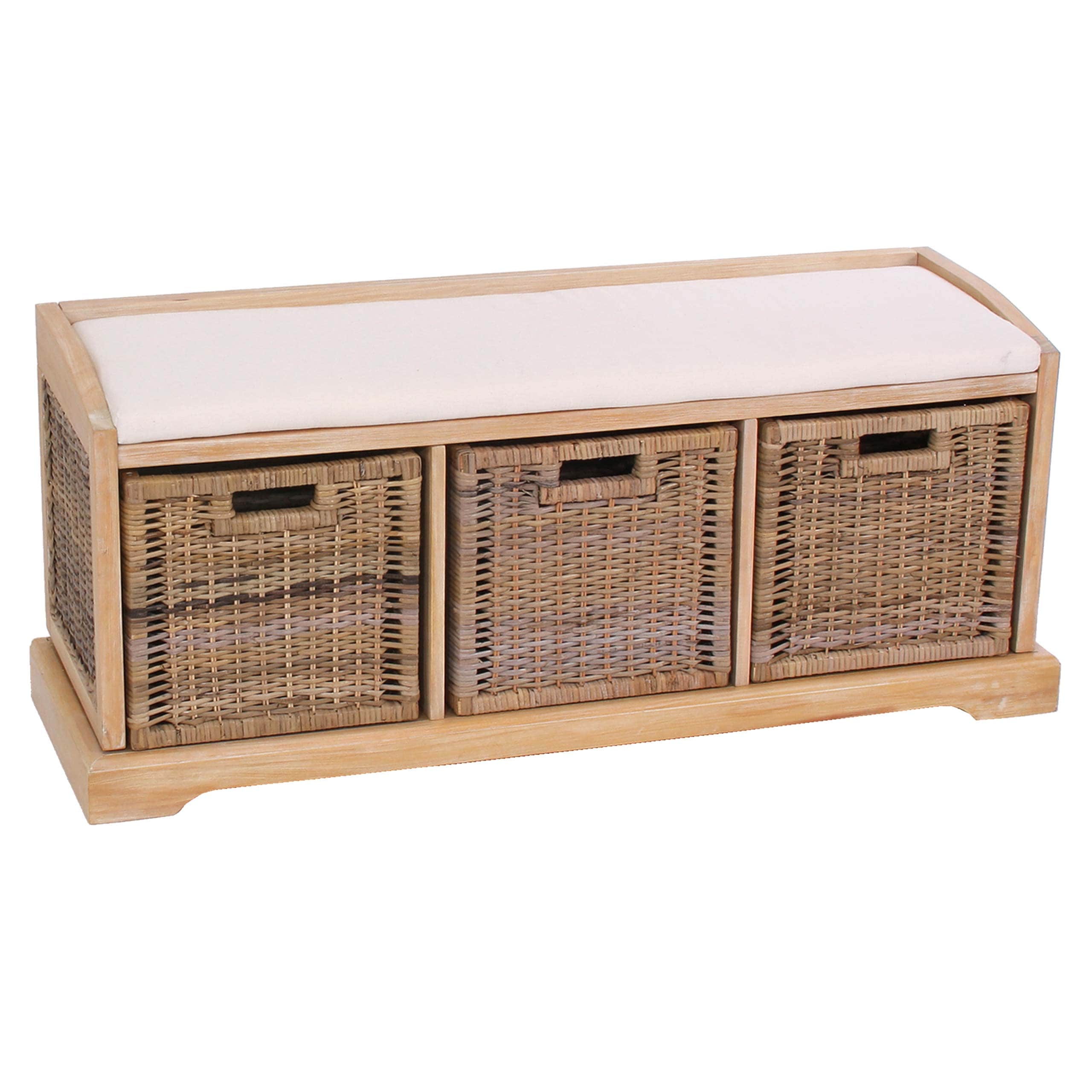 Sitzbank Adana, Aufbewahrungsbox, 3 K&ouml;rbe, Kubu-Rattan-Geflecht, 112x46x37cm ~ hell 