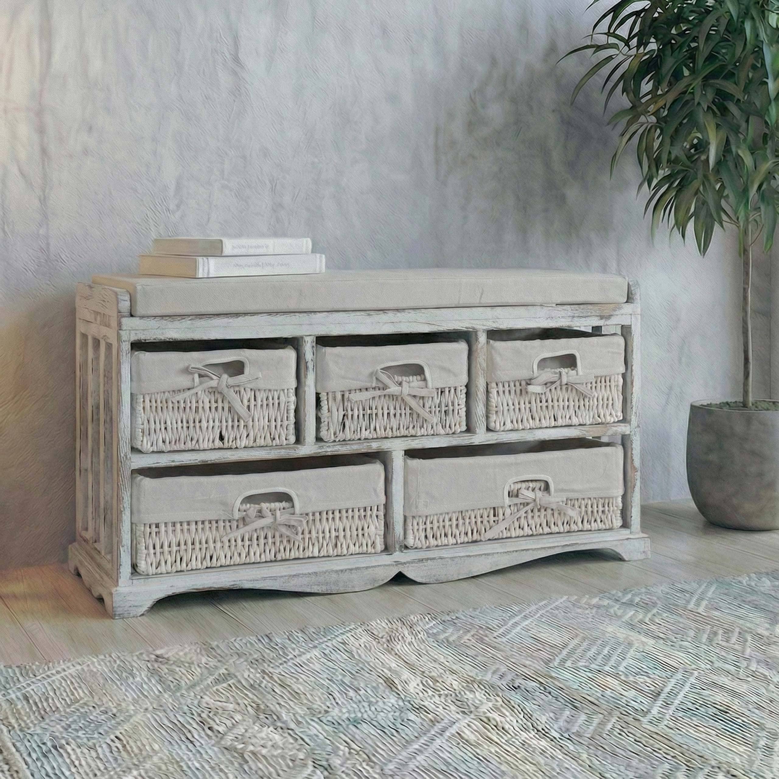 Kommode und Sitzbank mit 5 Schubladen, 45x77x36cm, Shabby-Look, Shabby Vintage ~ wei&szlig; 