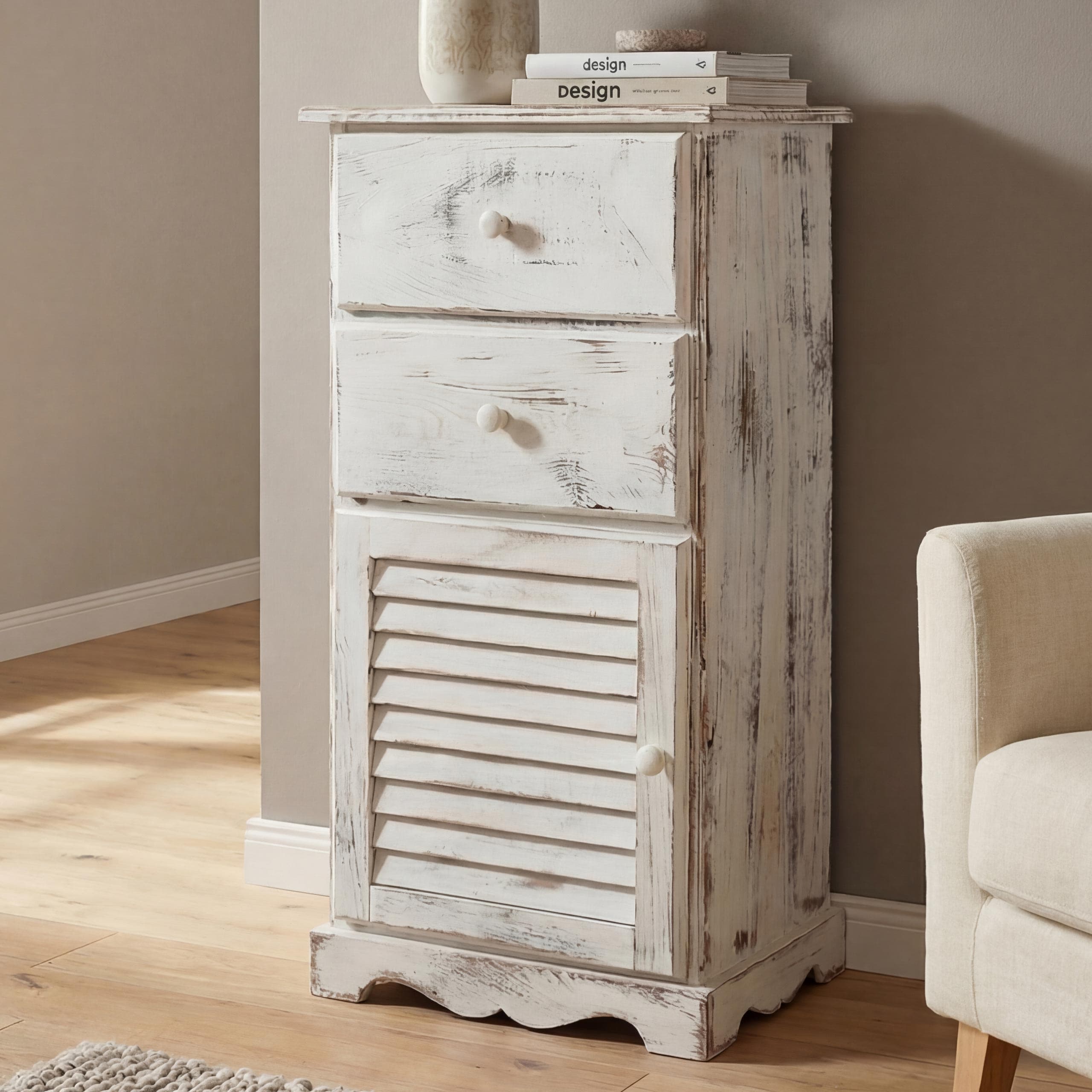 Kommode Schrank, 81x40x32cm, Shabby-Look, Vintage ~ wei&szlig; 