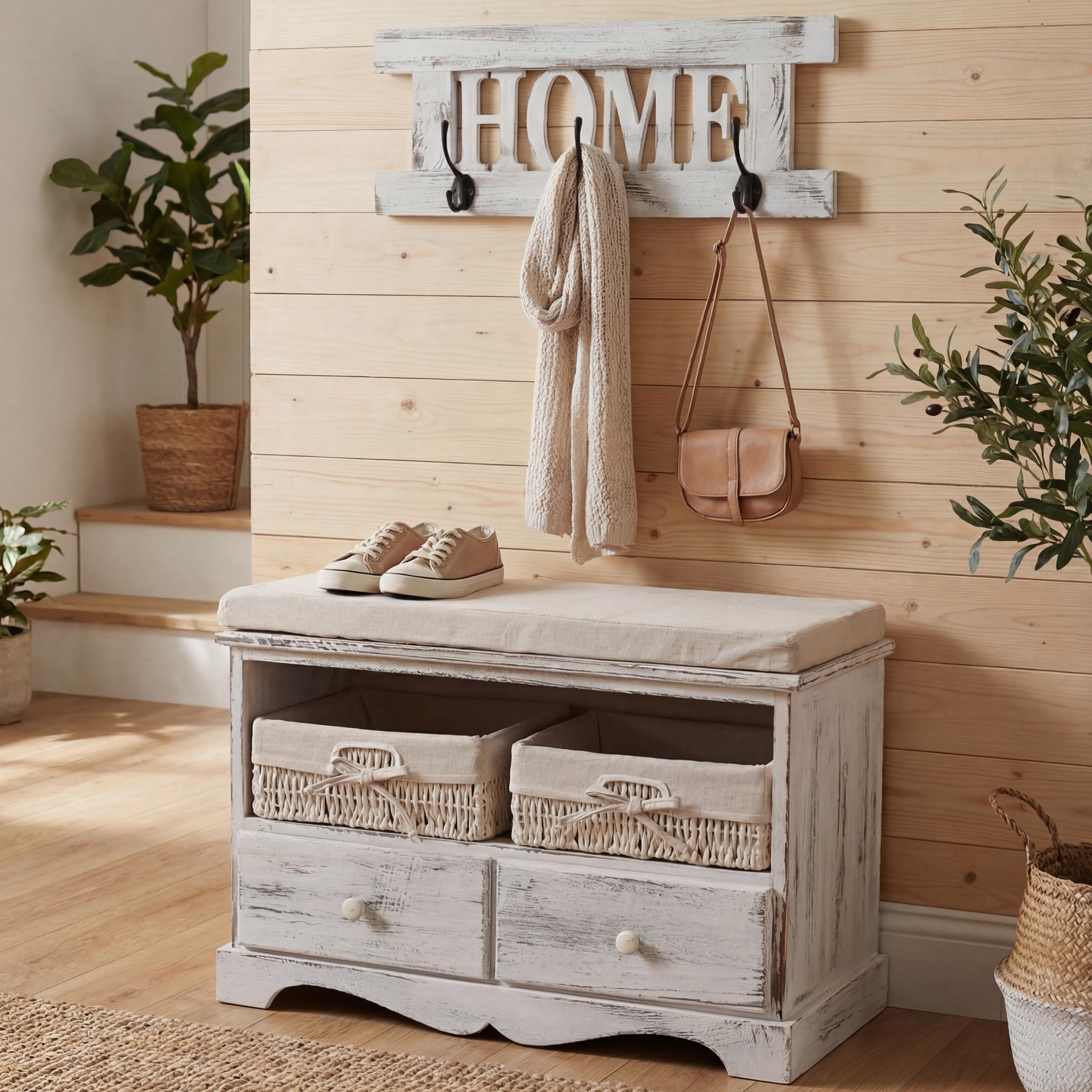 Garderobe mit Sitzbank Kommode mit 2 K&ouml;rben 42x62x33cm, Shabby-Look, Vintage ~ wei&szlig; 