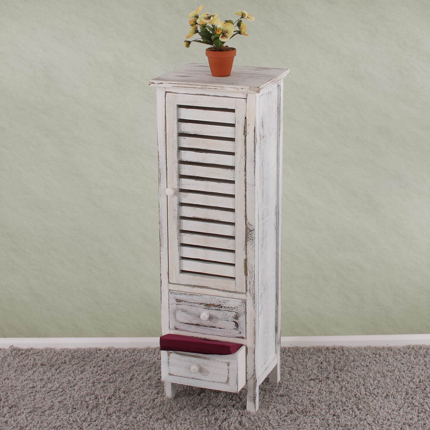 Kommode Schrank, 90x30x25cm, Shabby-Look, Vintage ~ wei&szlig; 