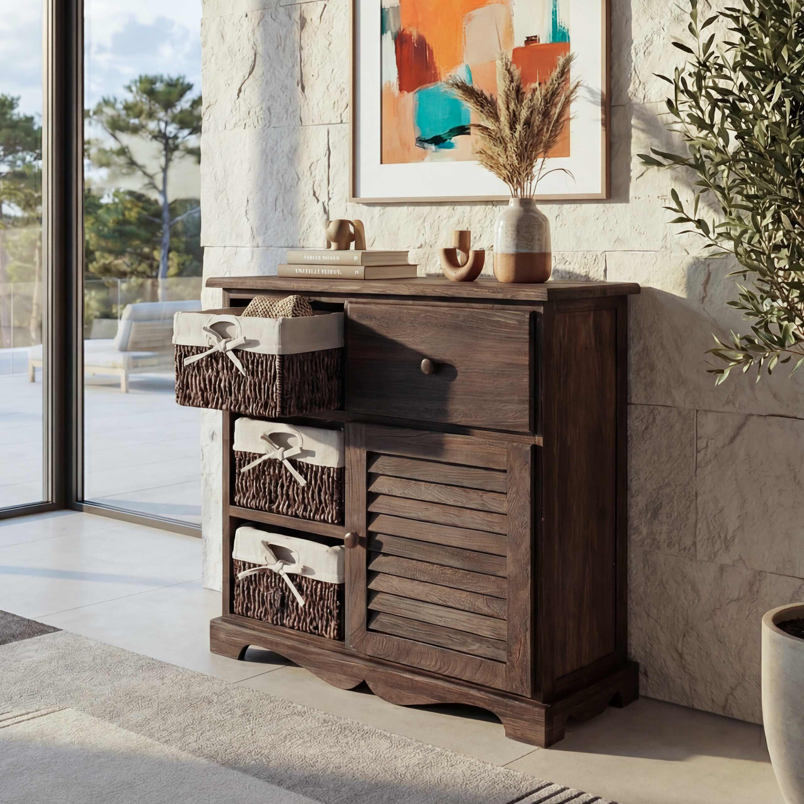 Kommode Schrank mit 3 K&ouml;rben 63x60x30cm, Shabby-Look, Vintage ~ braun 