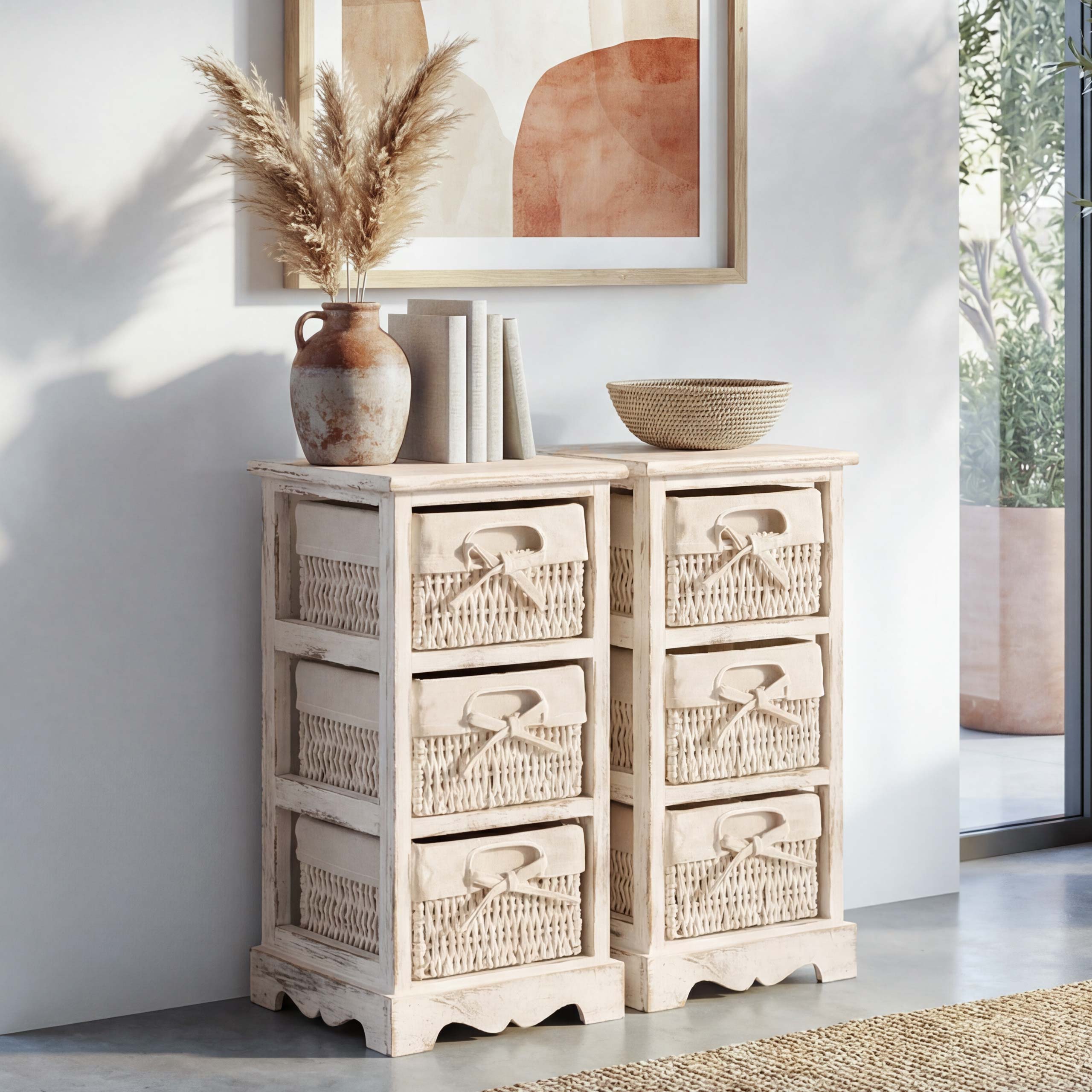 2xRegal Kommode mit 3 Korbschubladen 58x25x28cm, Shabby-Look, Vintage ~ wei&szlig; 