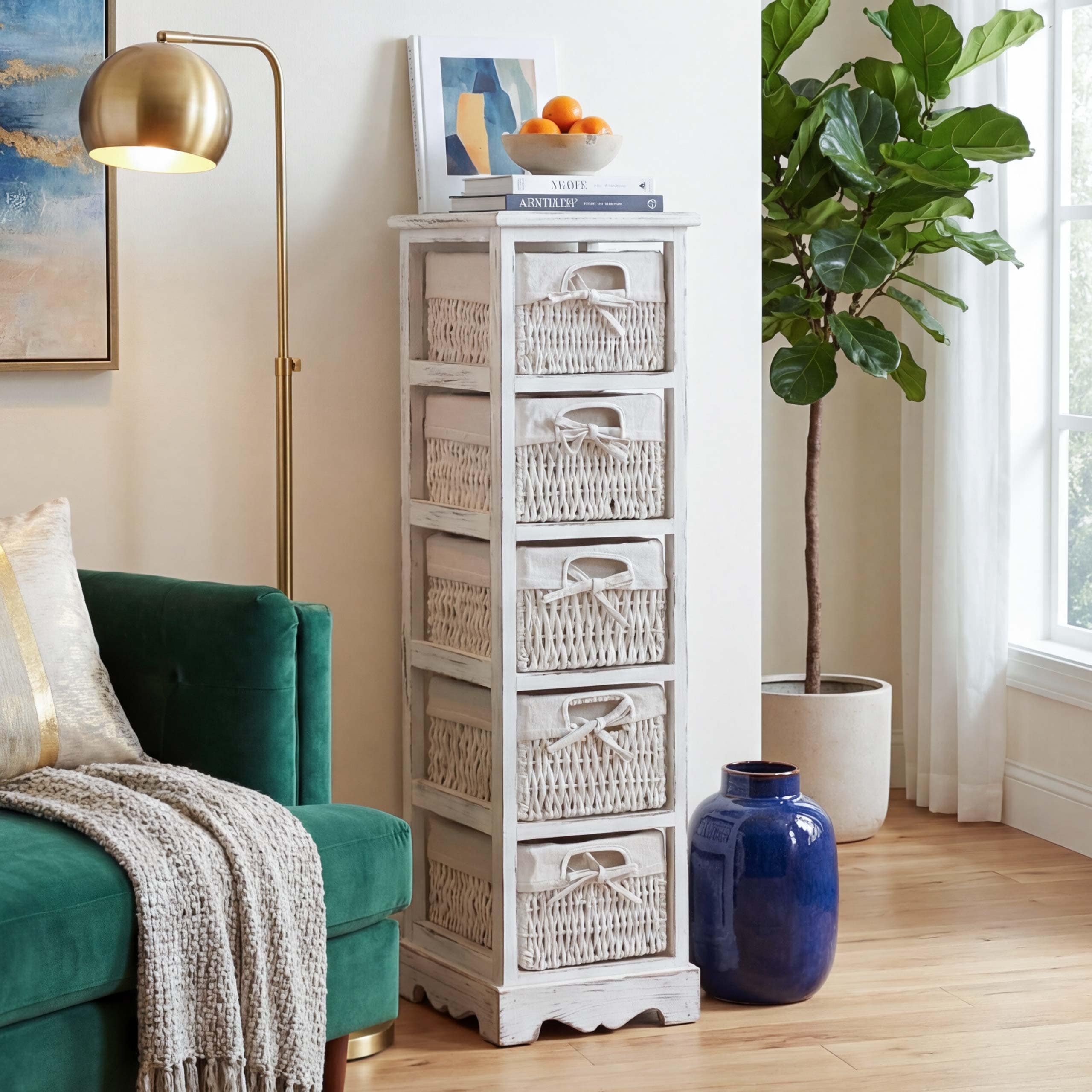 Regal Kommode mit 5 Korbschubladen 90x25x28cm, Shabby-Look, Vintage ~ wei&szlig; 