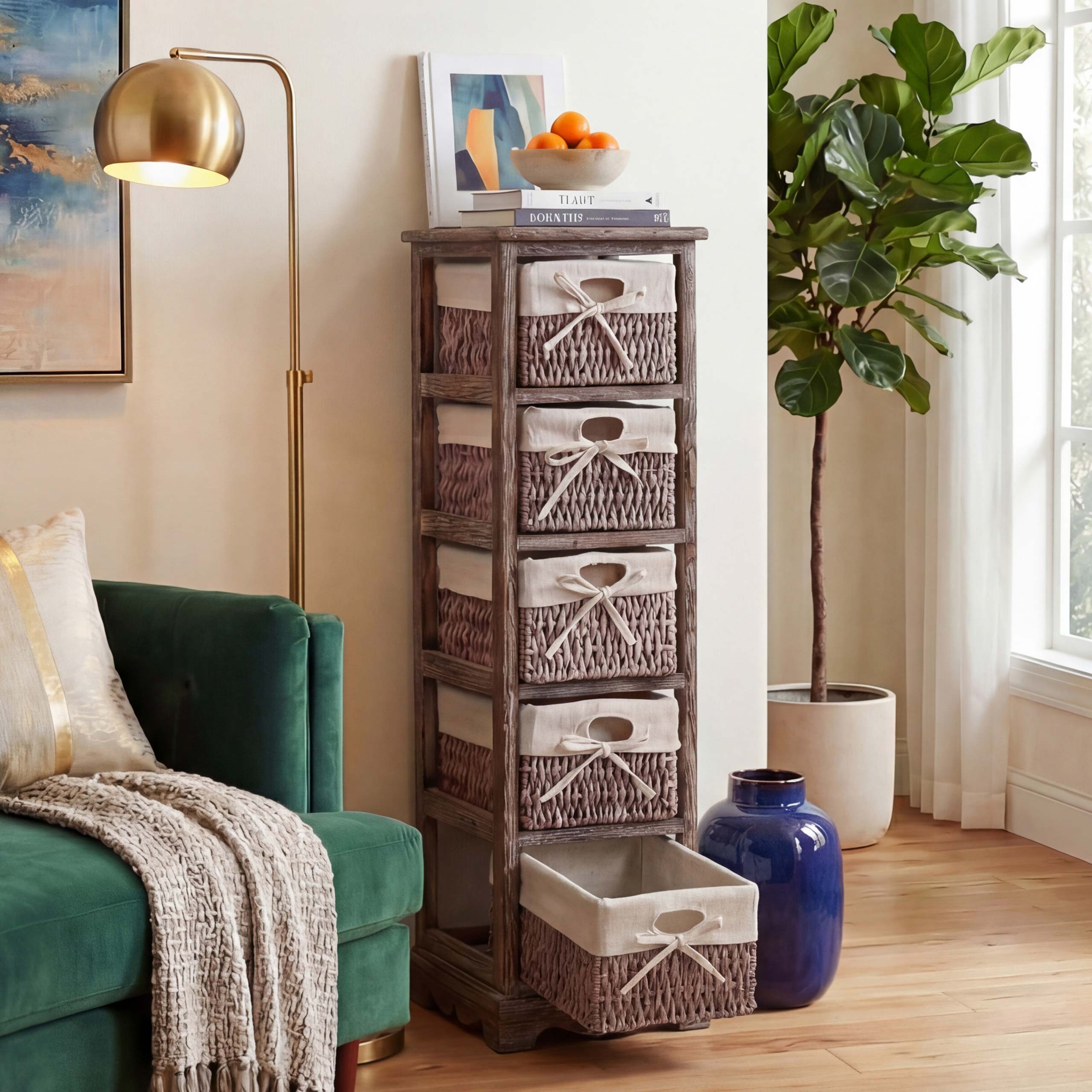 Regal Kommode mit 5 Korbschubladen 90x25x28cm, Shabby-Look, Vintage ~ braun 