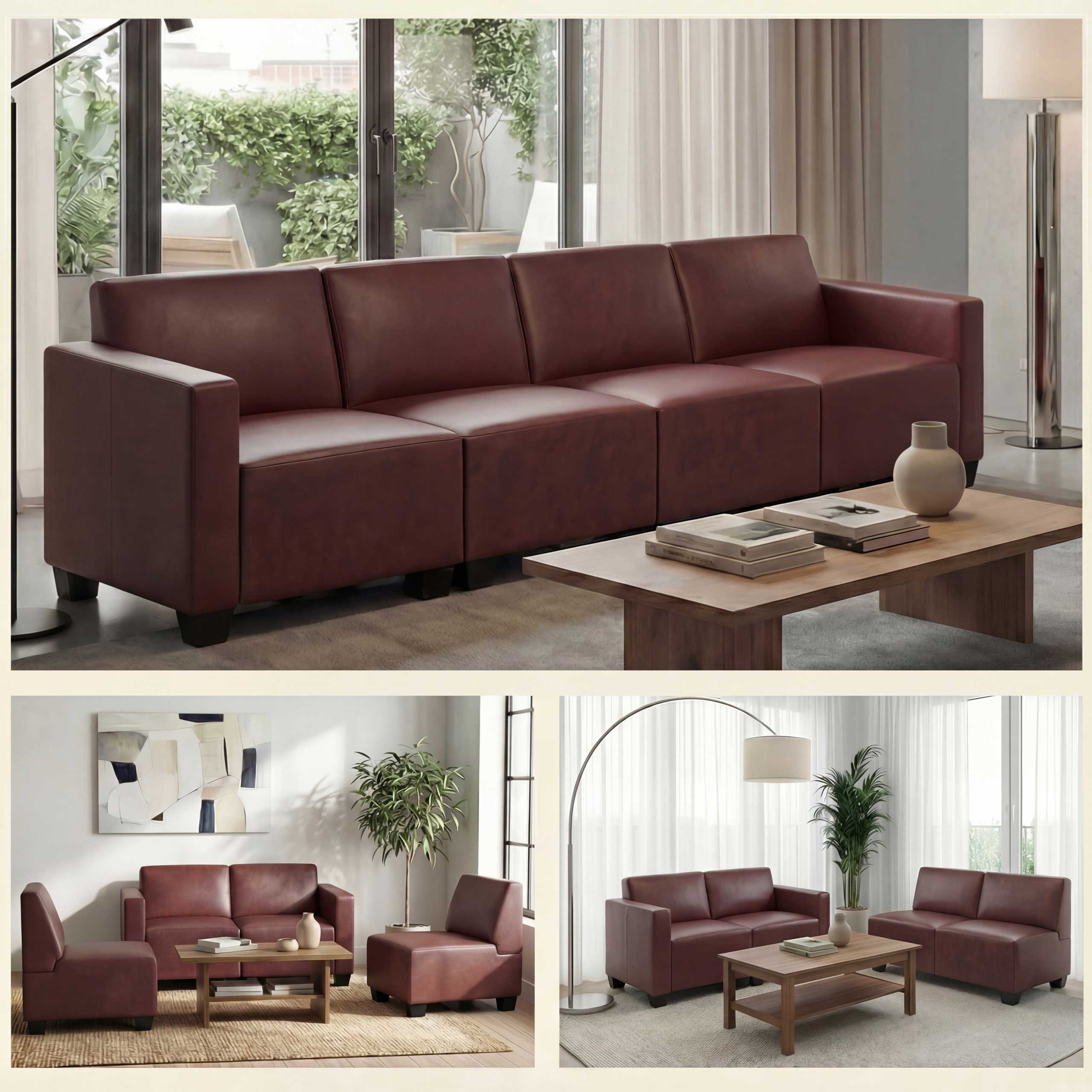 Modular 4-Sitzer Sofa Couch Moncalieri, Kunstleder ~ rot-braun 