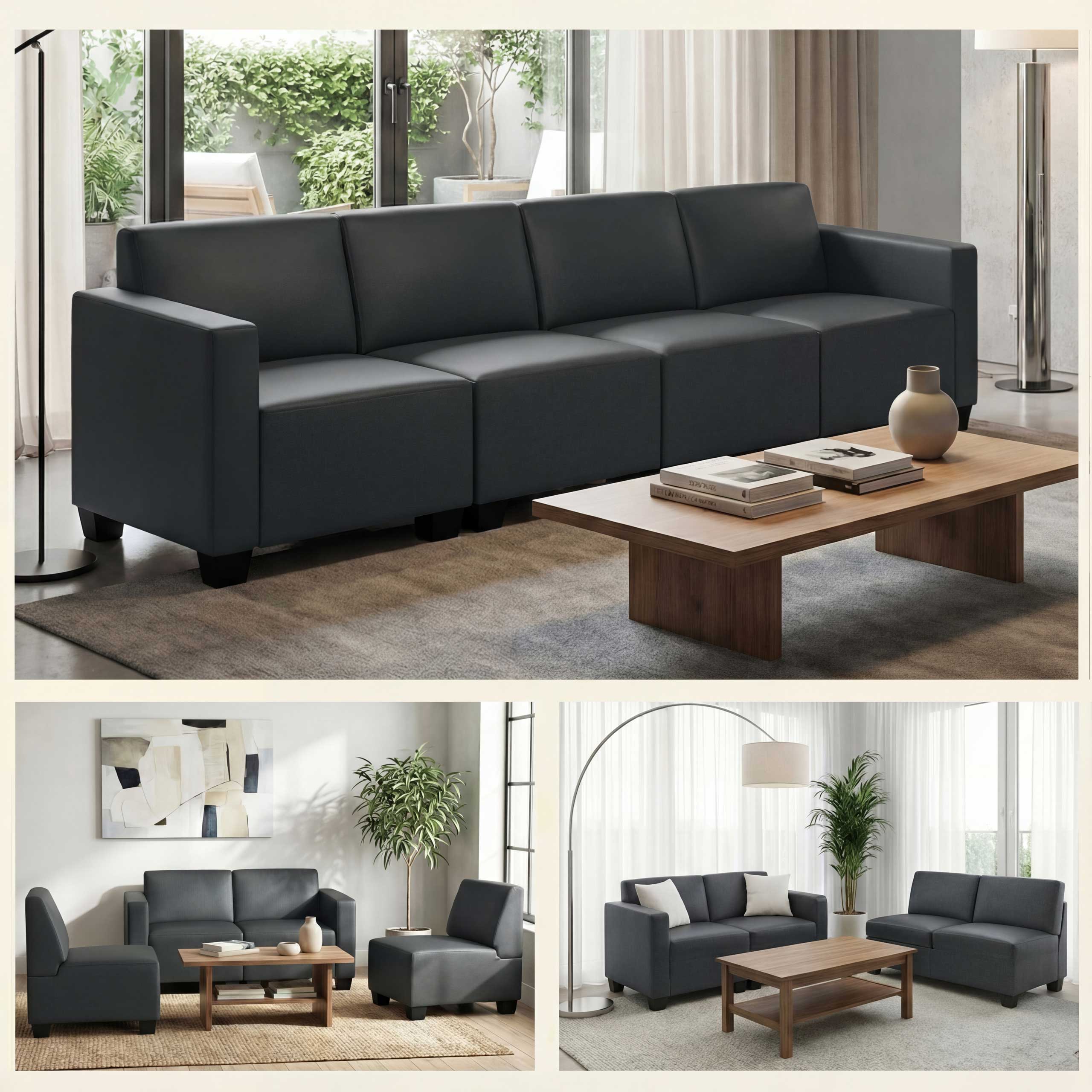 Modular 4-Sitzer Sofa Couch Moncalieri, Kunstleder ~ dunkelgrau 