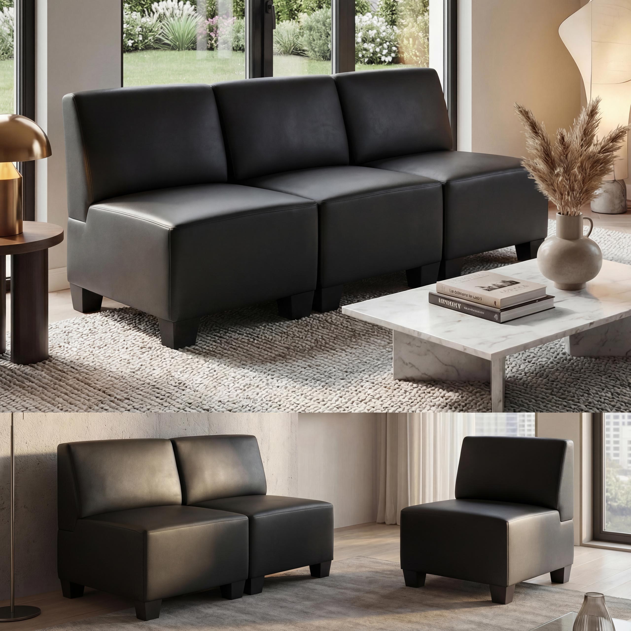 Modular 3-Sitzer Sofa Moncalieri, Kunstleder ~ schwarz, ohne Armlehnen 