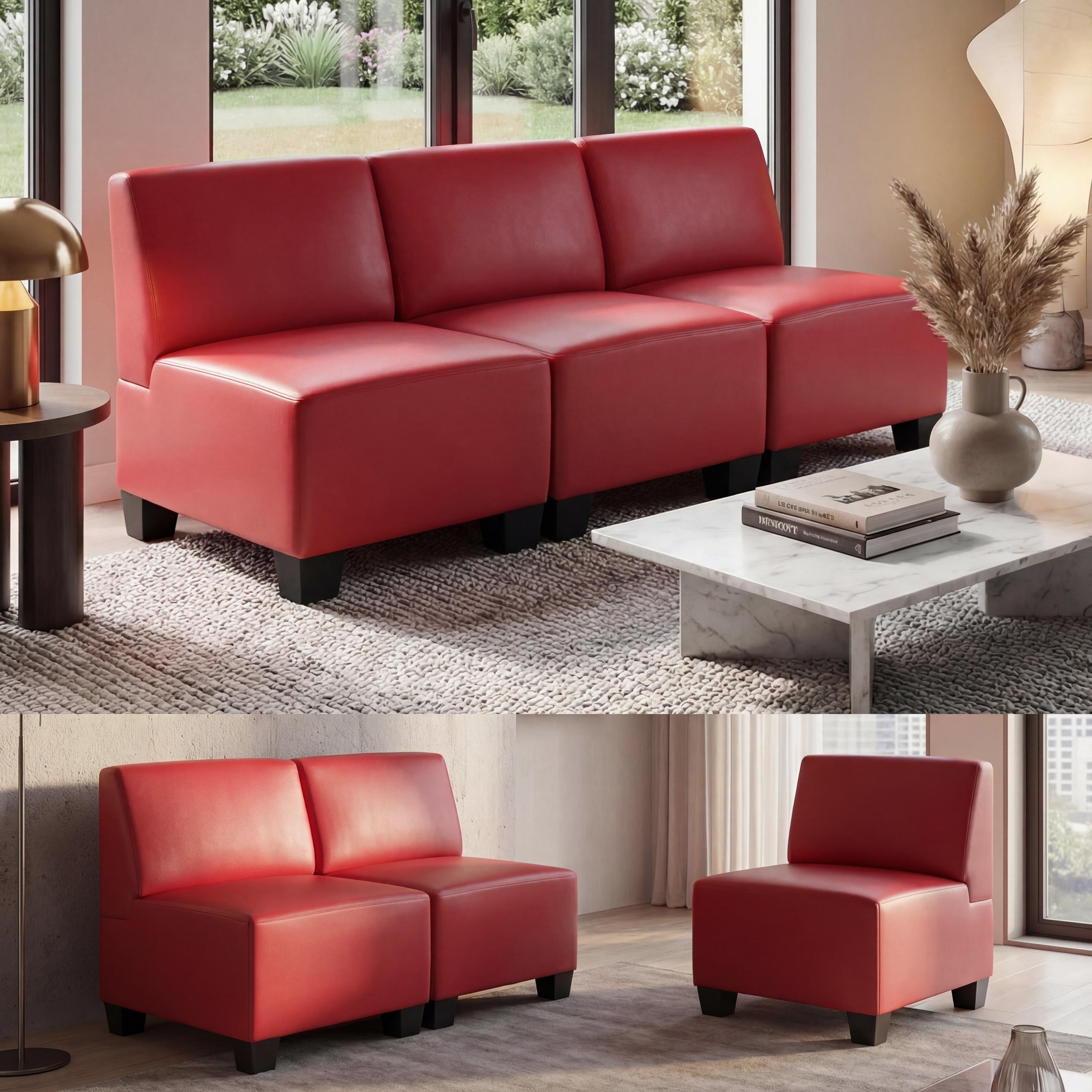Modular 3-Sitzer Sofa Moncalieri, Kunstleder ~ rot, ohne Armlehnen 