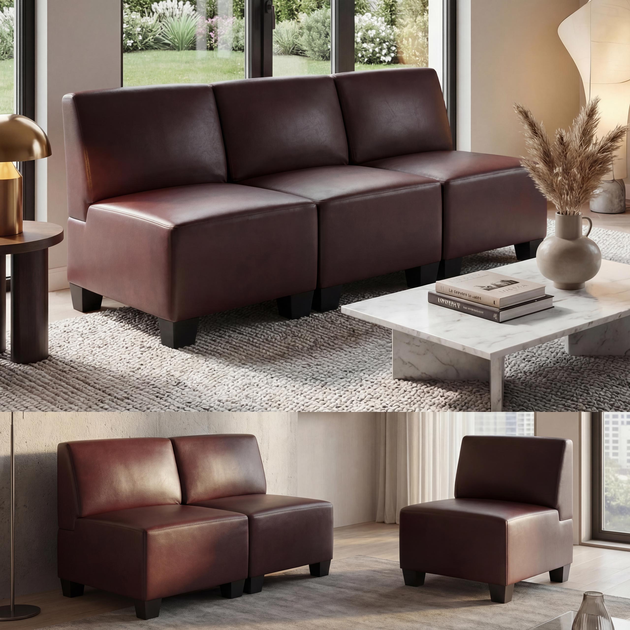 Modular 3-Sitzer Sofa Couch Moncalieri, Kunstleder ~ rot-braun, ohne Armlehnen 
