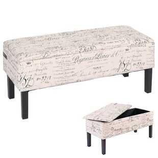 Bank Sitzbank Aufbewahrungstruhe Renens Stoff/Textil 95x36x44 cm MVG-zertifiziert ~ Schriftzug creme 