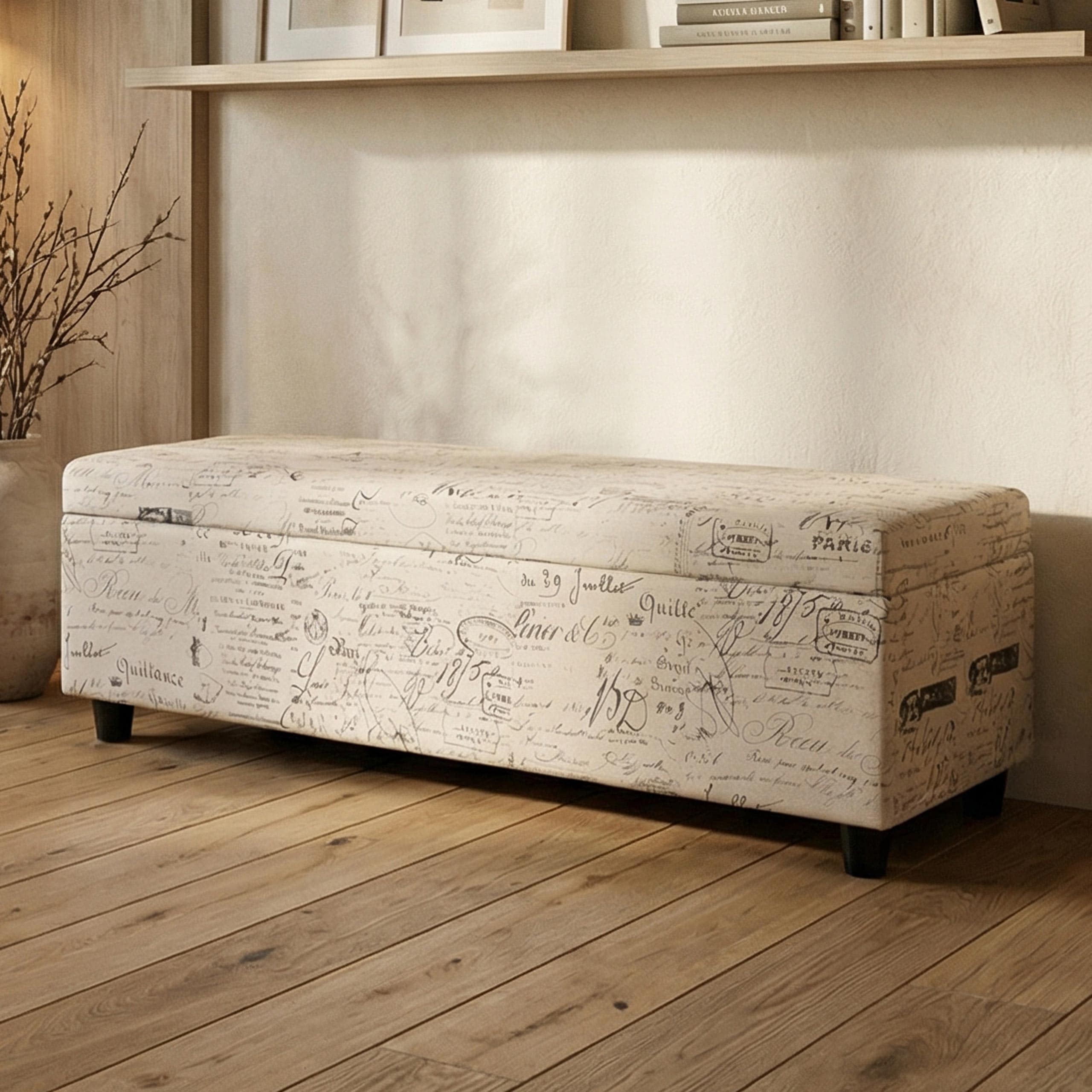 Aufbewahrungs-Truhe Kriens, Sitzbank Bank, Stoff/Textil, 45x114x45cm MVG-zertifiziert ~ Schriftzug, creme 