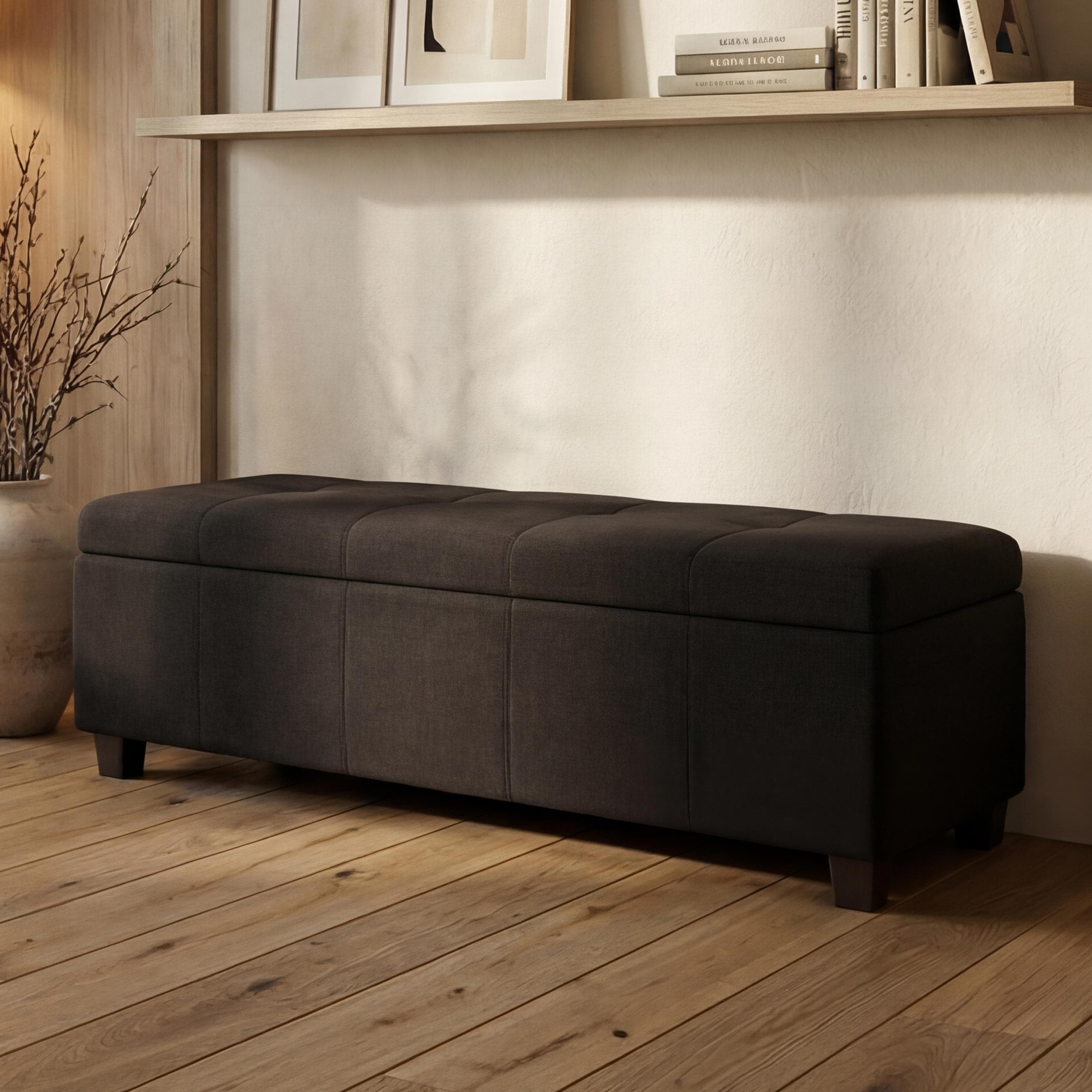 Aufbewahrungs-Truhe Kriens, Sitzbank Bank, Stoff/Textil, 45x114x45cm MVG-zertifiziert ~ schwarz 